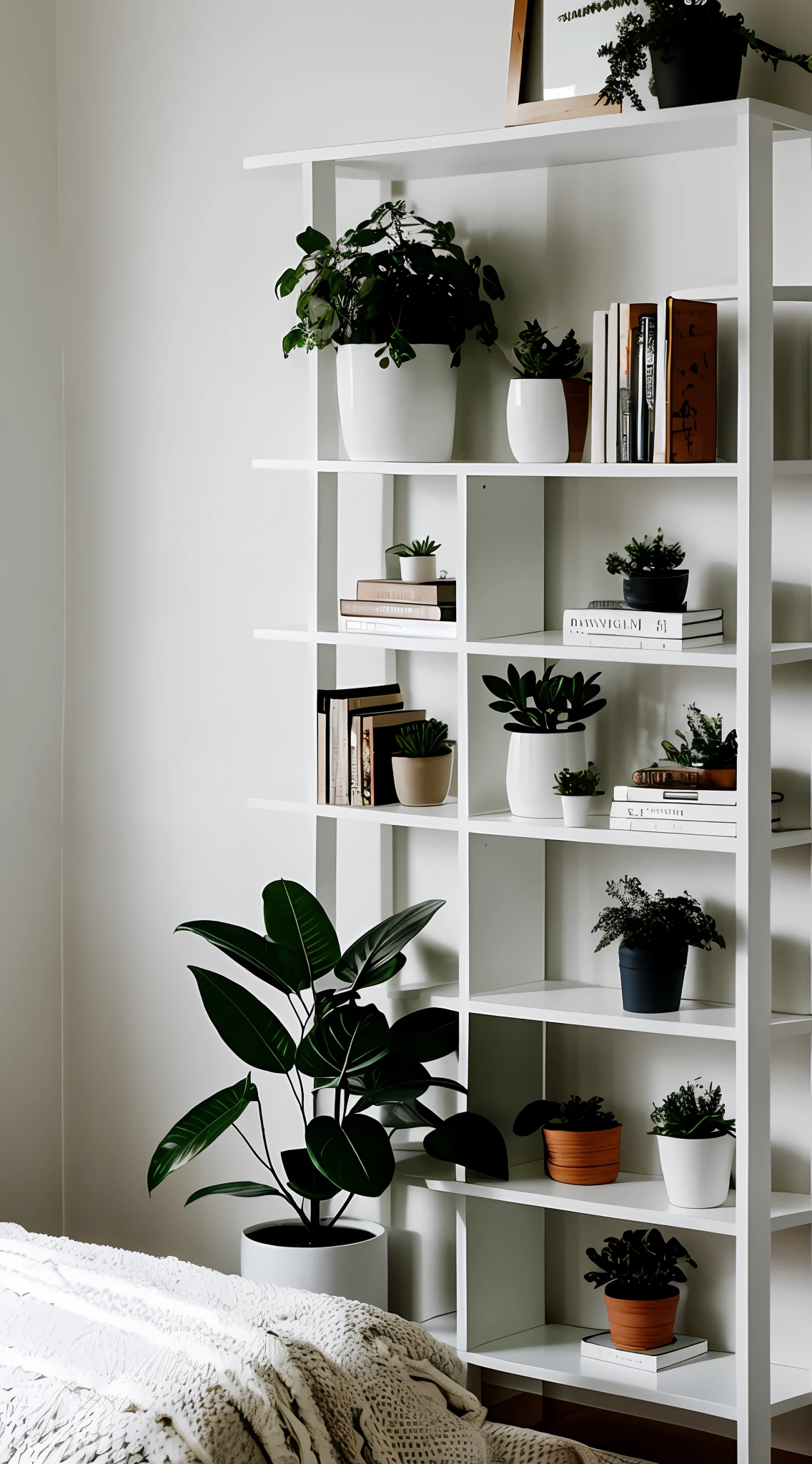 white table, plant jug, bookshelf, minimalist, realistic photography, bedroom, plants, brain statue