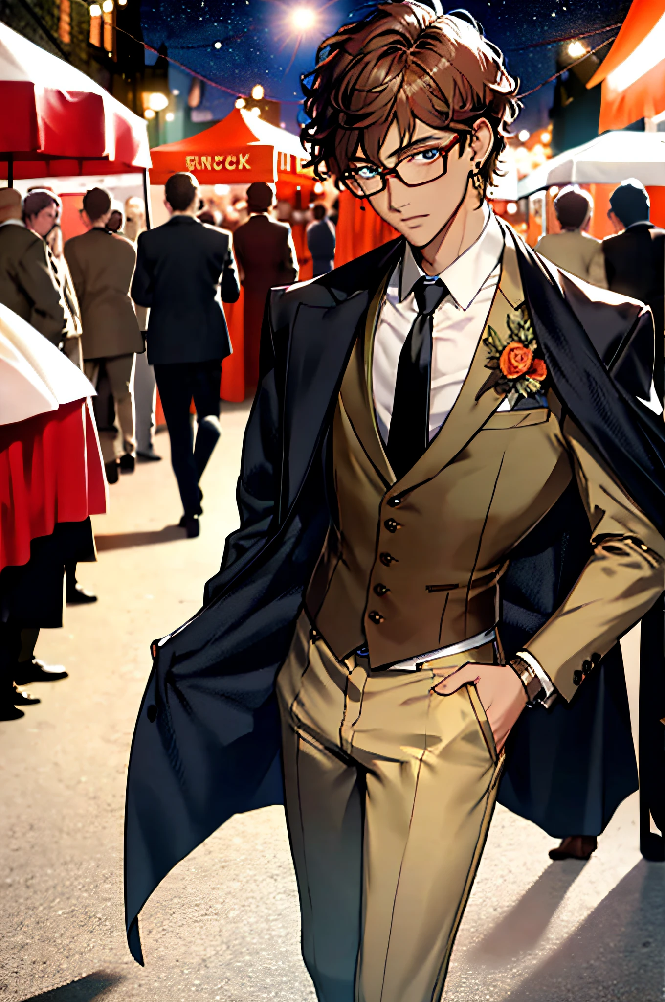 Masterpiece, best quality, (1man:1.3), 25 years old, short hair, colored pointed toe, curly hair, tinted glasses, earrings, gun, tie, nude photo, corset, mafia style, handcuffs, wrap coat, street, from above, (Dutch point, fisheye), lens flare, depth of field, in the night market, street stall, carpet is underwear,