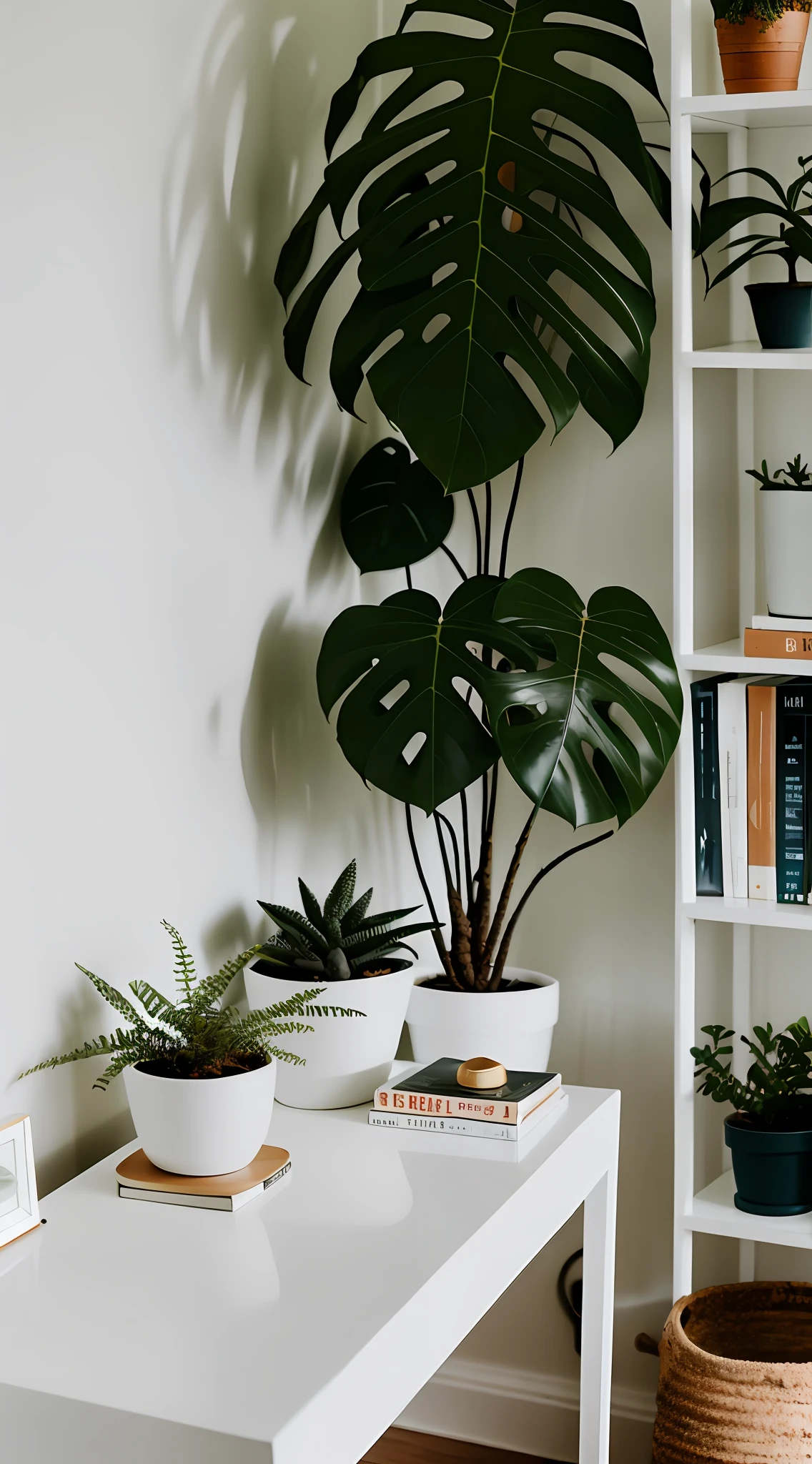 white table, plant jug, bookshelf, minimalist, realistic photography, bedroom, plants, brain statue