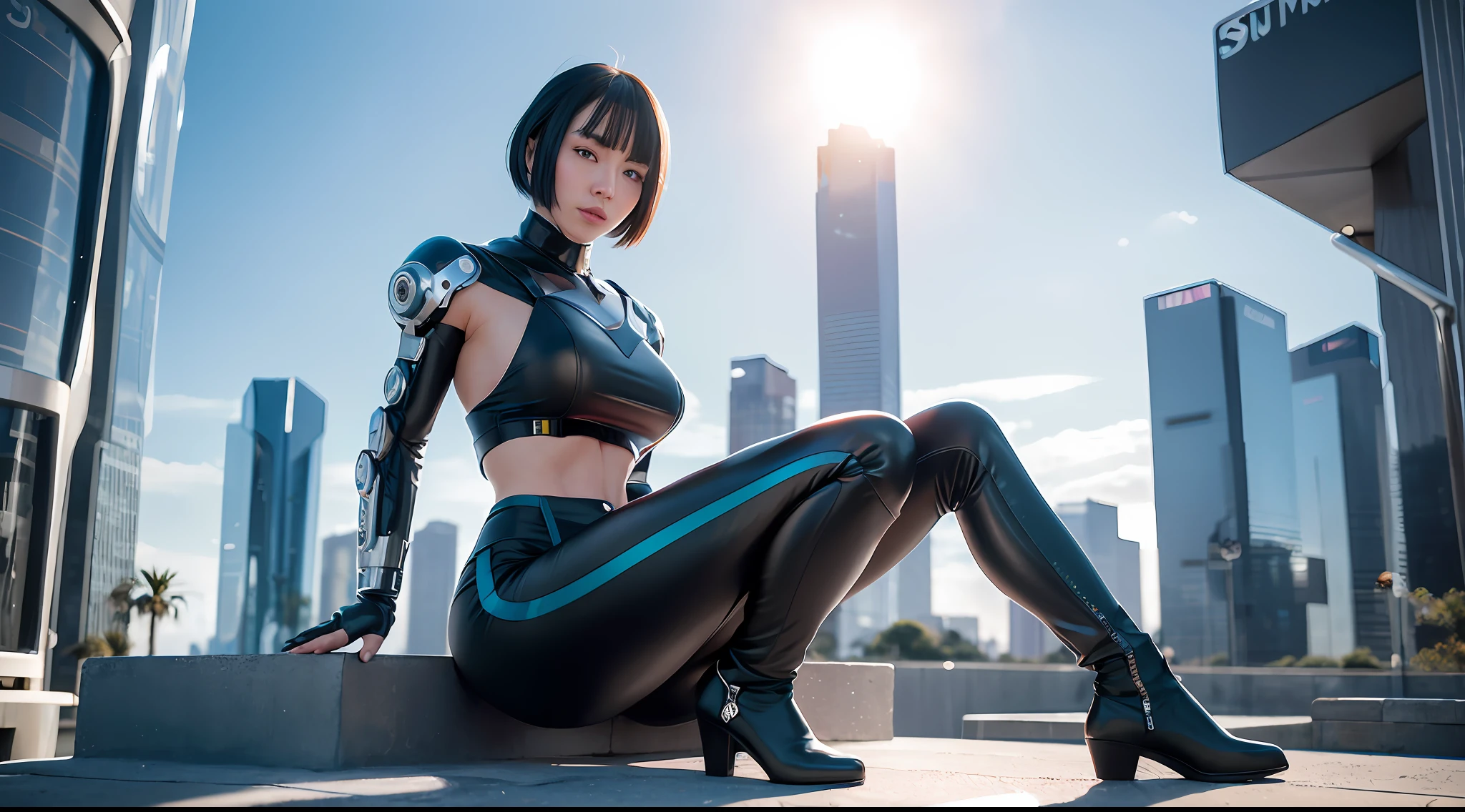 Ultra-realistic 8K CG, (futuristic: perfect artwork, masterpiece, futuristic city, futuristic era, mechanics, fantasy), ((detailed background)) Sexy 20 year old Asian woman muscular cyborg rookie model, stunningly beautiful, sitting, looking at camera, wavy shiny hair in black bob cut, 50mm portrait, glamour, soft curve, Huge Ass Wide Hips, Full Wet Lips, Cybernetic Perfect Body, Perfect Abs, 3D, Ultra Realistic, Sun