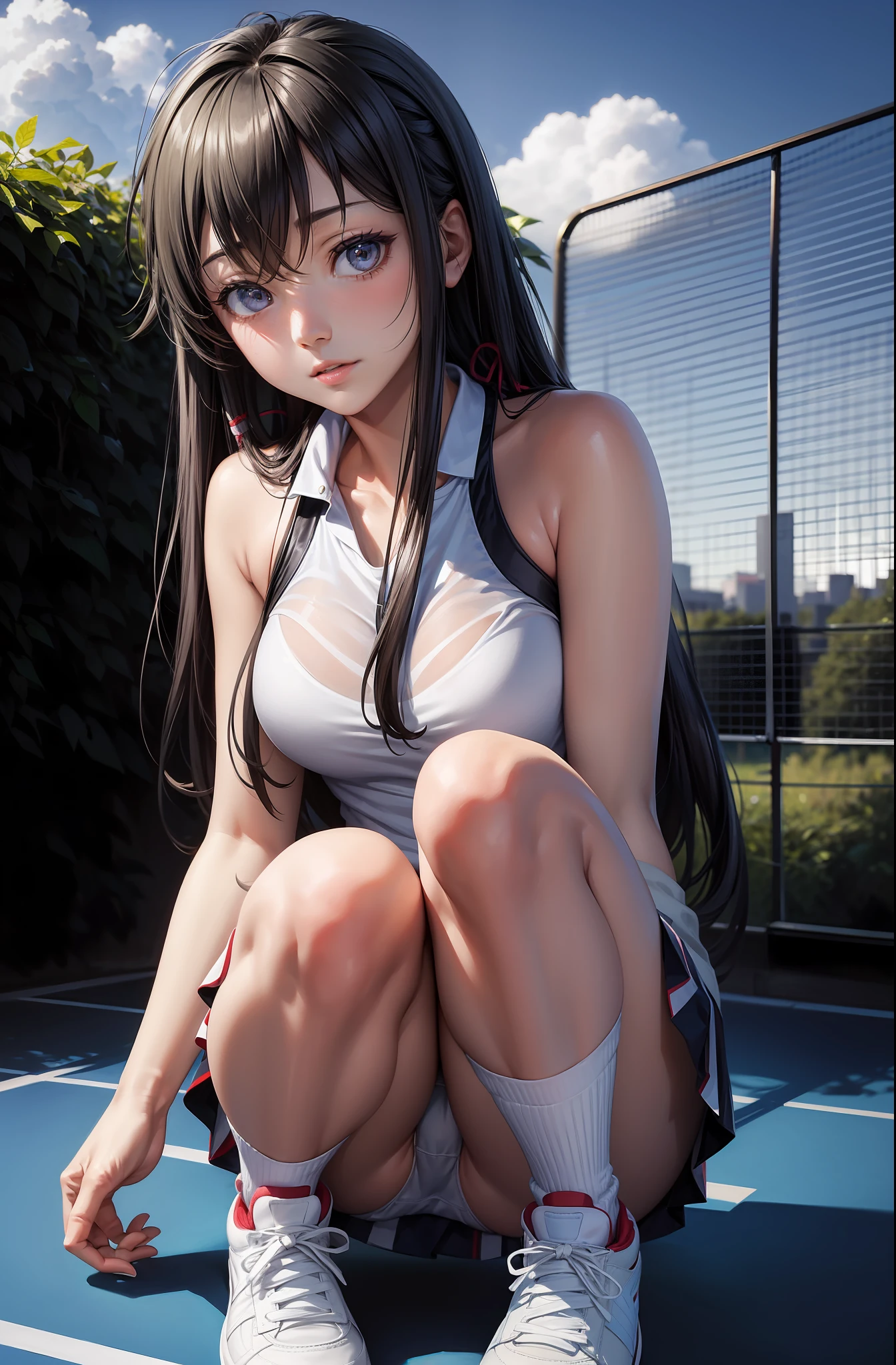 masterpiece, 1girl, solo, yukino yukinoshita, glowing eyes, white sneakers, tennis wear, white miniskirt, white panties, white knee socks, masterpiece, top quality, realistic, hyper-detailed, blue sky, tennis court