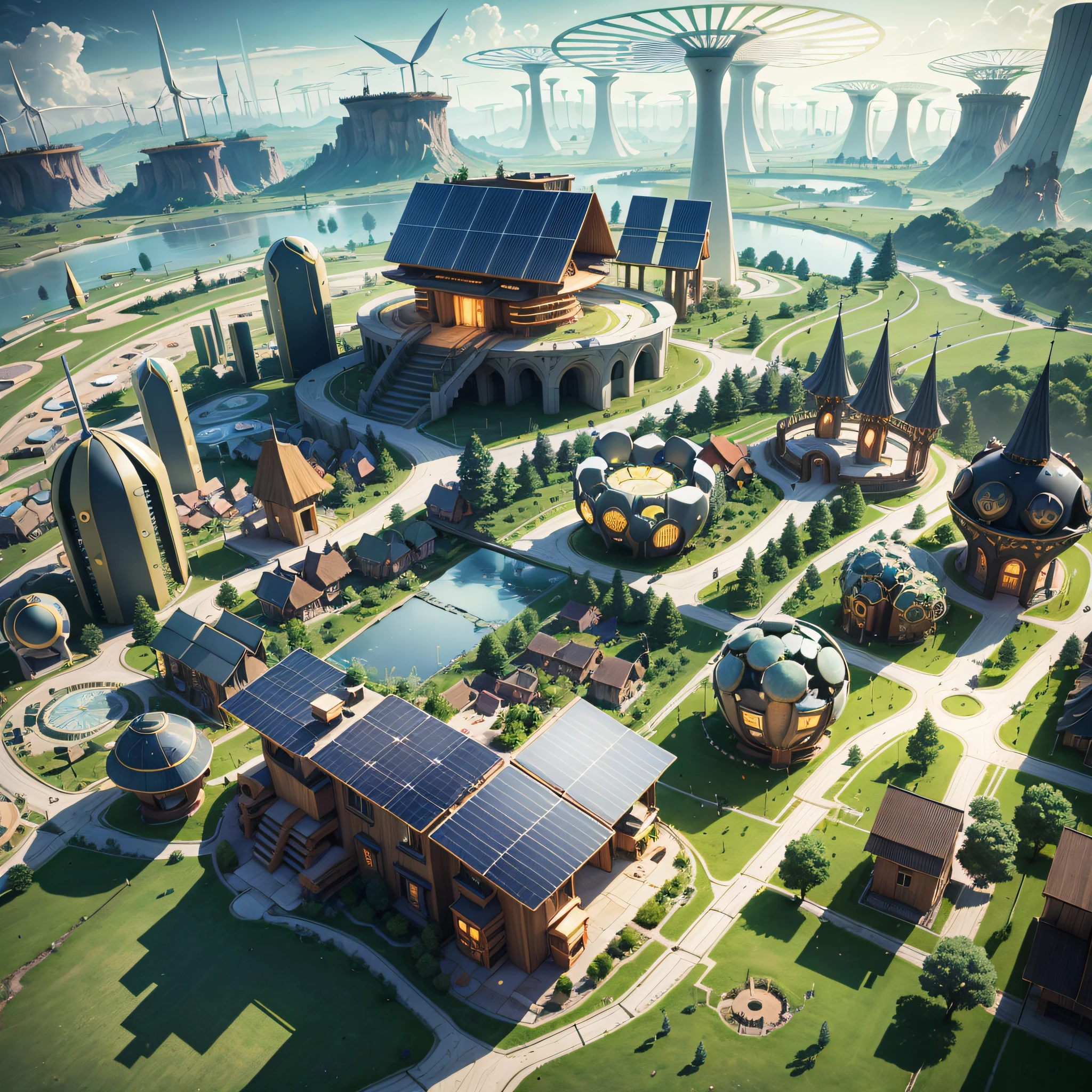 A utopian solarpunk village, with gleaming solar panels and wind turbines dotting the landscape, Extensive, Intricately designed and Precise, in the style of Alex Petruk, Aggi Erguna and Antoni Gaudi, High resolution --auto --s2