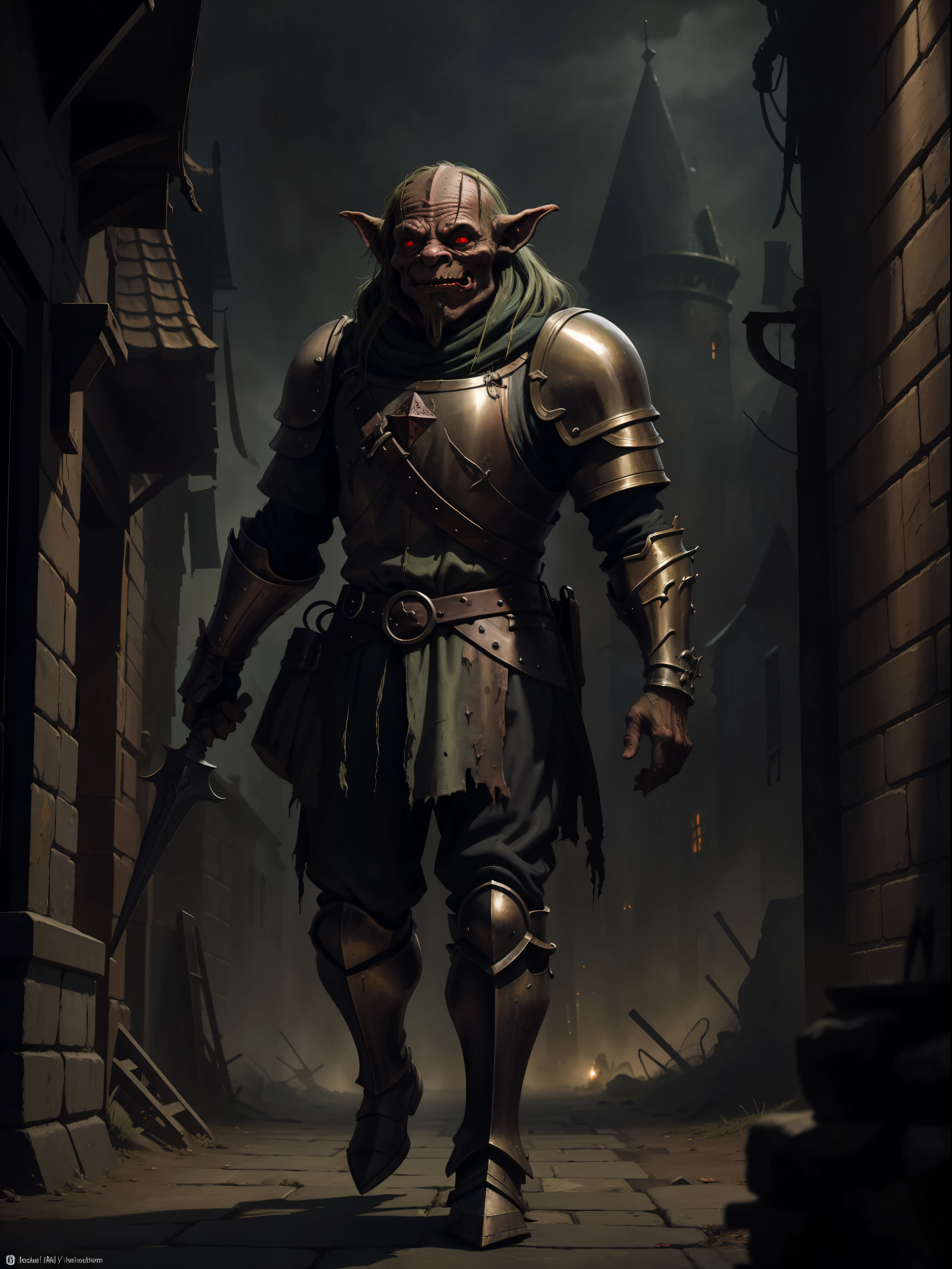 A medieval goblin, with deformed body and dirty metal armor, in a medieval city, night, dark environment, darkness, fog, dirty with blood