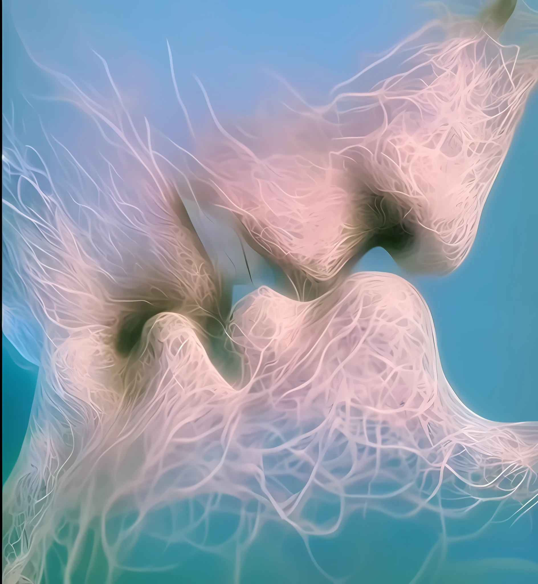 arafed image of a woman's face with a pair of scissors in her mouth, entwined bodies, houdini algorithm generative art, houdini fluid simulation, human bodies intertwined, fluid simulation in houdini, detailed entangled fibres, generative art, by Anna Füssli, fractal veins. cyborg, amazing cgi