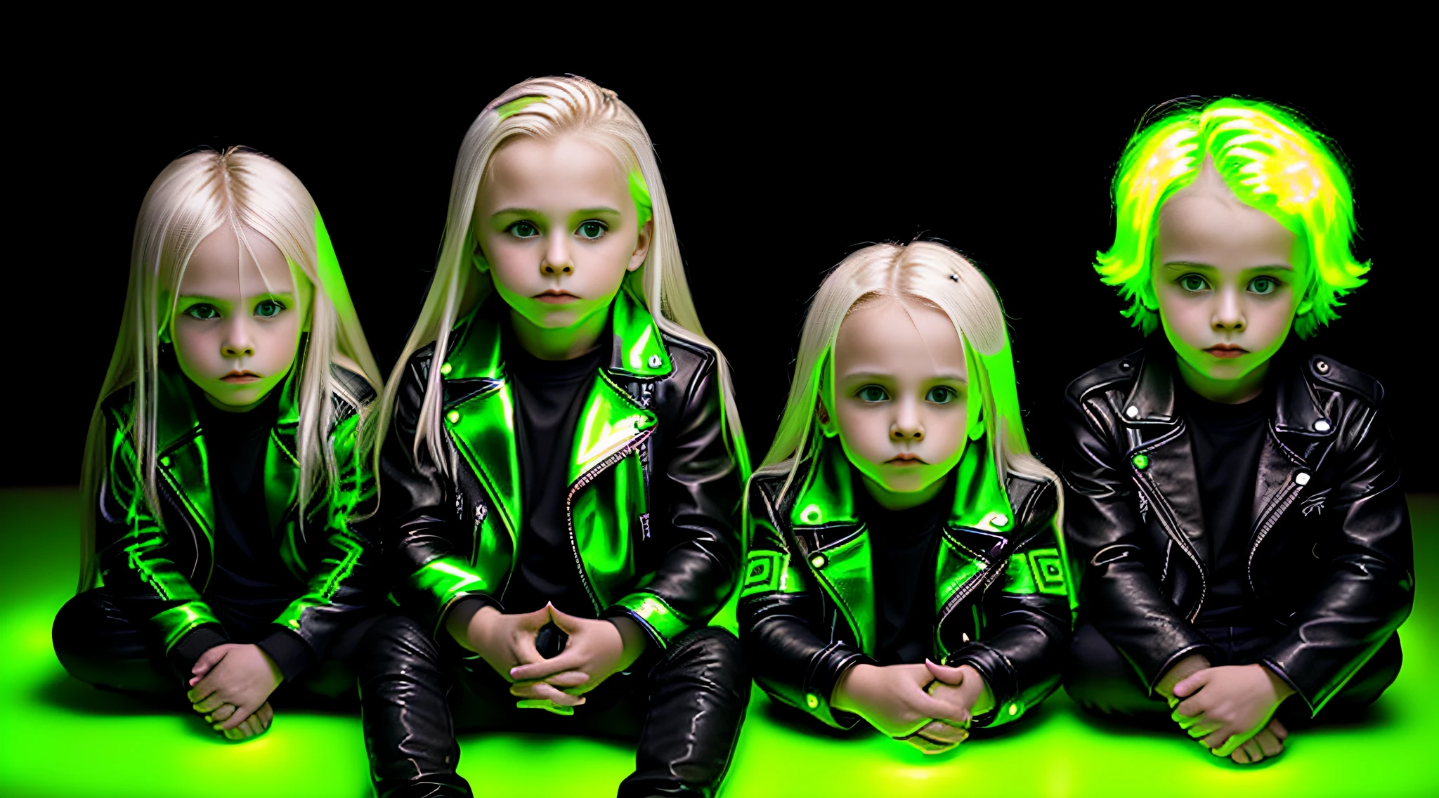 3 boys Russian children with , WITH LONG STRAIGHT HAIR platinum blonde, black leather jacket and black clothes, candles hands with fire, PORTRAT STYLE, a green glow, detalized background of green glow, green glow, green ambient light, bright green, radioactive glow green, neon green, sickly green colors.