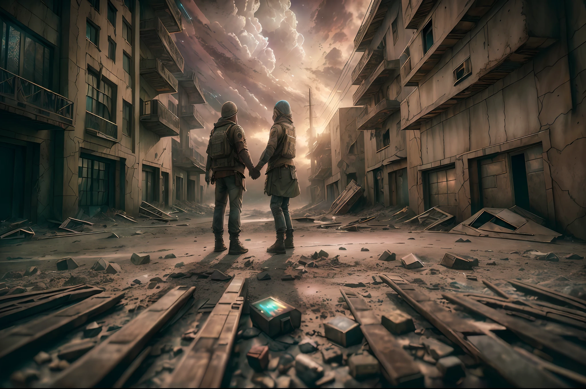 ((friendship)), end of the world, epic realistic, (hdr:1.4), (muted colors:1.4), apocalypse, abandoned, neutral colors, night, screen space refractions, (intricate details), (intricate details, hyperdetailed:1.2), artstation, cinematic shot, vignette, complex background, building,((holding hands))