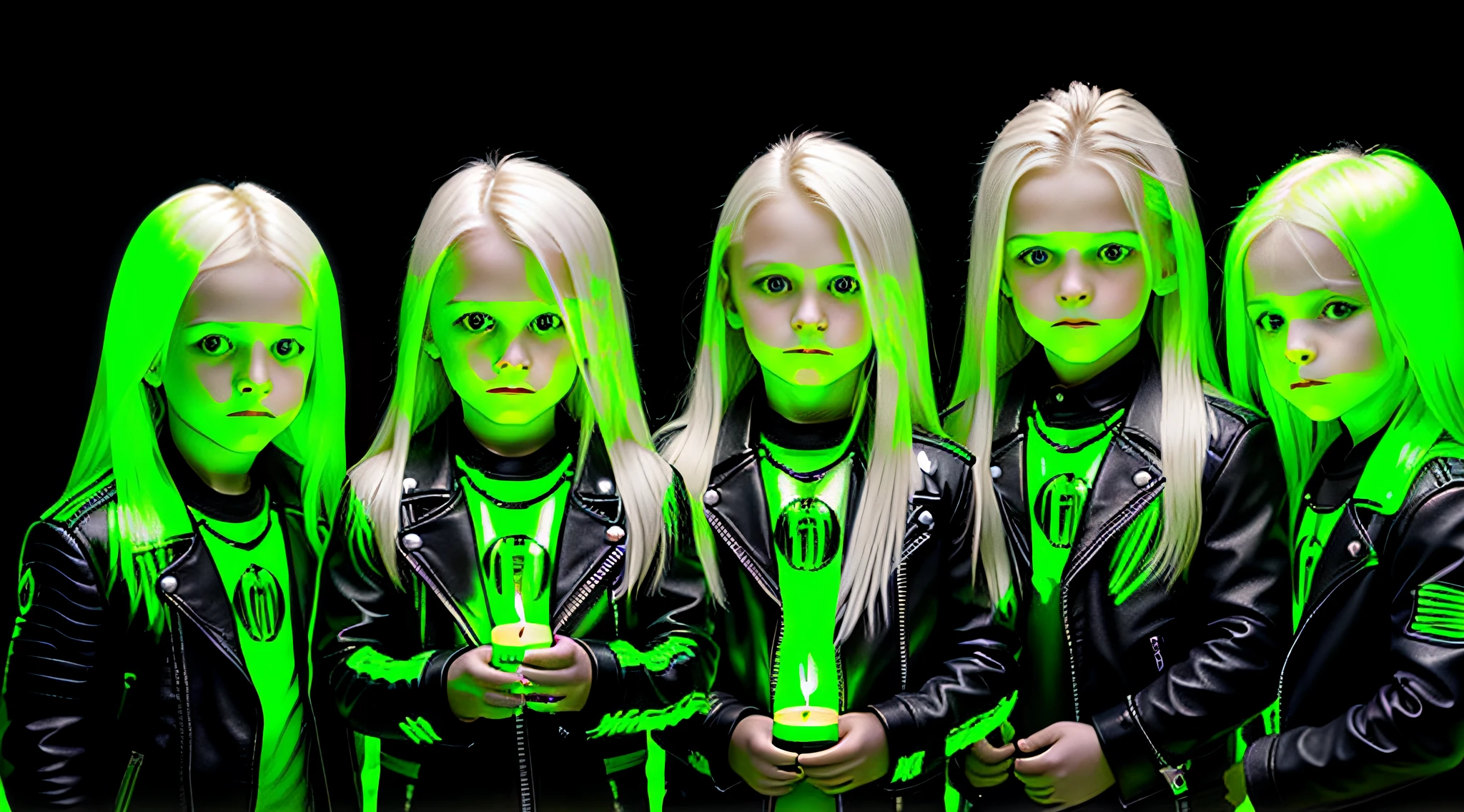 3 boys Russian with 10 yearsONG STRAIGHT HAIR platinum blonde, black leather jacket and black clothes, candles hands with fire, PORTRAT STYLE, a green glow, detalized background of green glow, green glow, green ambient light, bright green, radioactive glow green, neon green, sickly green colors.