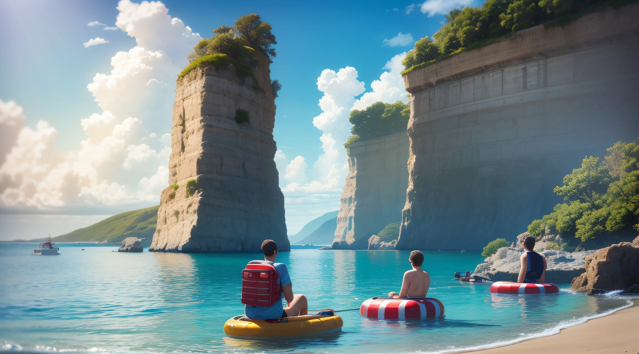 In the foreground in the water there are 2 people on 2 hydroscutars and next to them a guy in a lifebuoy, In the background there is a tropical island with a beach where people rest, The sun shines over the horizon, unusual perspective, HDR, warm lighting, artstation art, masterpiece, beauty