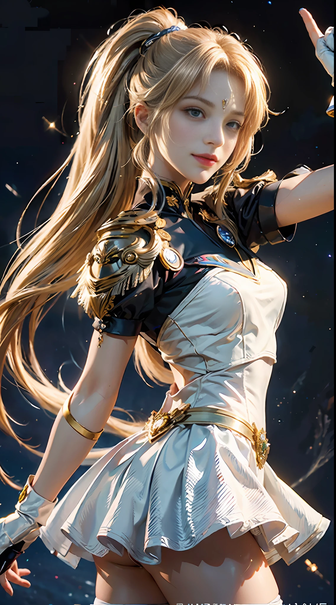 (Extreme detail CG Unity 8K wallpaper, masterpiece, highest quality), (exquisite lighting and shadow, highly dramatic picture, cinematic lens effect), (Sailor Moon: 1.1), charming smile, double tail, blue eyes, blond hair, tight top, white gloves, mini skirt, dynamic pose), the background is the universe (excellent detail, excellent lighting, wide angle), (excellent rendering, enough to stand out in its class),