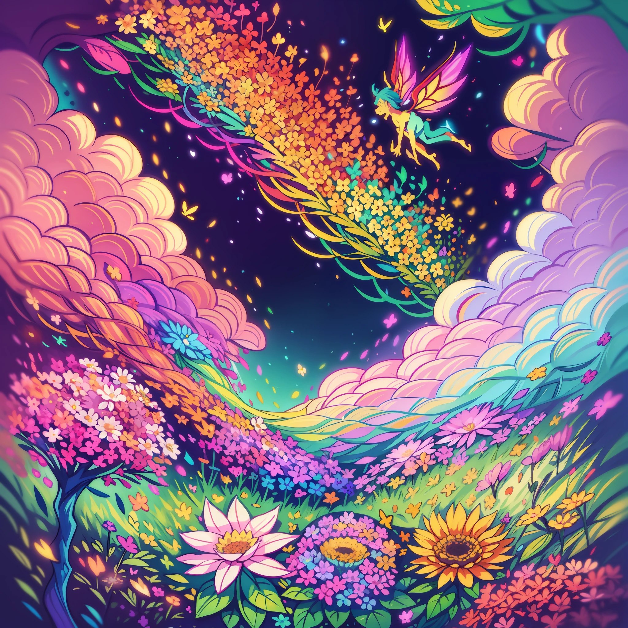The background features a vast and lush field, filled with colorful and vibrant flowers that dance softly in the wind. A profusion of daisies, sunflowers, tulips and other enchanting flowers fill the space, creating a cheerful and lively color palette.

Among the flowers, small butterflies glide gracefully, their glowing wings catching the sun's rays. As they fly, bright trails are left in the air, creating a magical and mysterious sensation.

In the clear blue sky, fluffy, white clouds float gently, taking on fun and friendly shapes. They seem to smile at the flowers below, spreading an atmosphere of joy and fun.

In the center of the background, a large rainbow stretches across the horizon, its vibrant colors shining brightly. It seems as if a shower of magical colors has painted the sky, adding a special touch of charm to the environment.

Around the flowers, small magical beings hide in the foliage. Curious fairies with delicate, glowing wings fly between the petals, scattering stardust that twinkles in their wake. Little elves hide in the treetops, watching with bright eyes and mischievous smiles.

The background conveys a sense of wonder and enchantment while maintaining a childlike artistic style. The strokes are smooth and rounded, as if they had been hand-drawn by a child, emphasizing the innocence and magic of the child's imagination.

This captivating and magical background would be perfect for a children's book, a fairy tale illustration, or any project that wishes to capture the beauty and fun of the children's world.