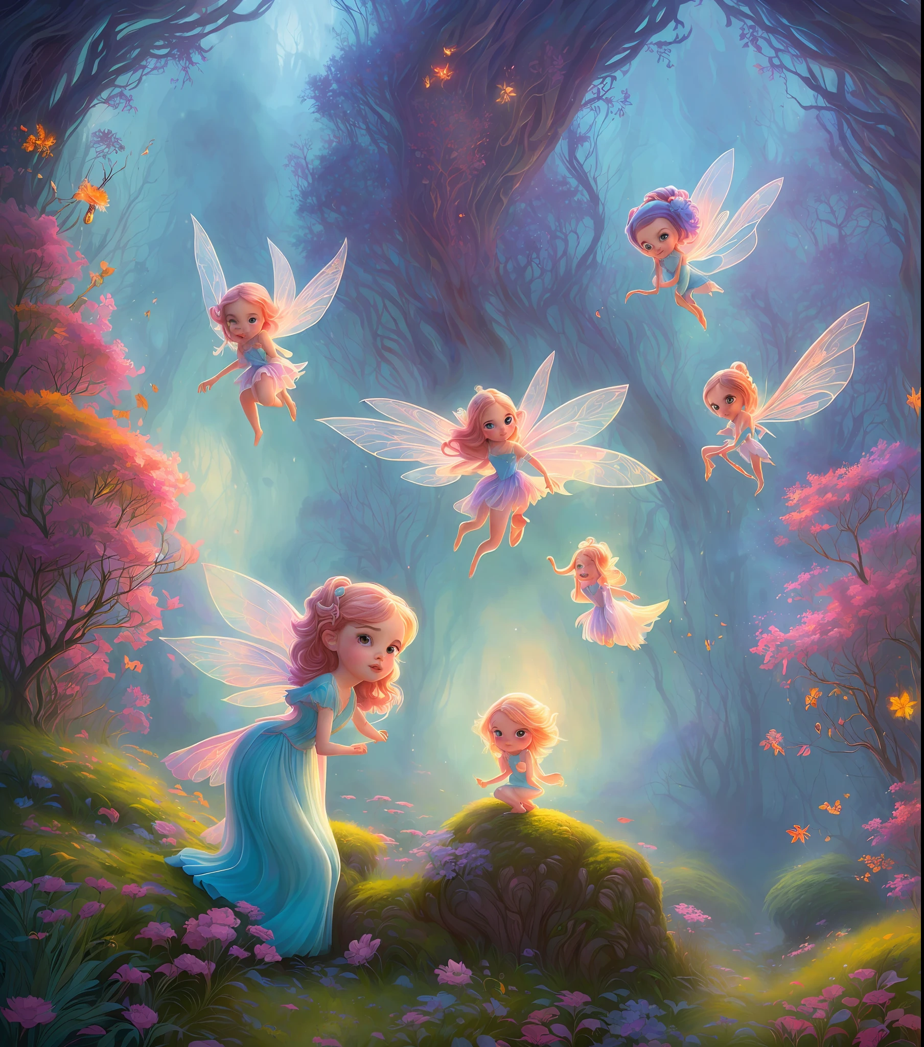 witch, super cute fairy with big bright eyes fight with giant beast, digital painting, dreamlike, intricate details, sharp focus, trending on artstation, art by lois van baarle and loish and ross tran and rossdraws and sam yang and samis arts and artgerm, fairy tales, pixar, disney, dreamworks style, surrounded by magical fairies in a dreamlike forest, rendered in intricate detail in a digital painting with sharp focus, inspired by fairy tales and animated movies from pixar, Disney, and dreamworks, and created by the talented artists lois van baarle, Loish, Ross Tran, Rossdraws, sam yang, samis arts, and artgerm, Trending on Artstation, this artwork is sure to capture hearts with its delightful charm, (Chibi:1,3)