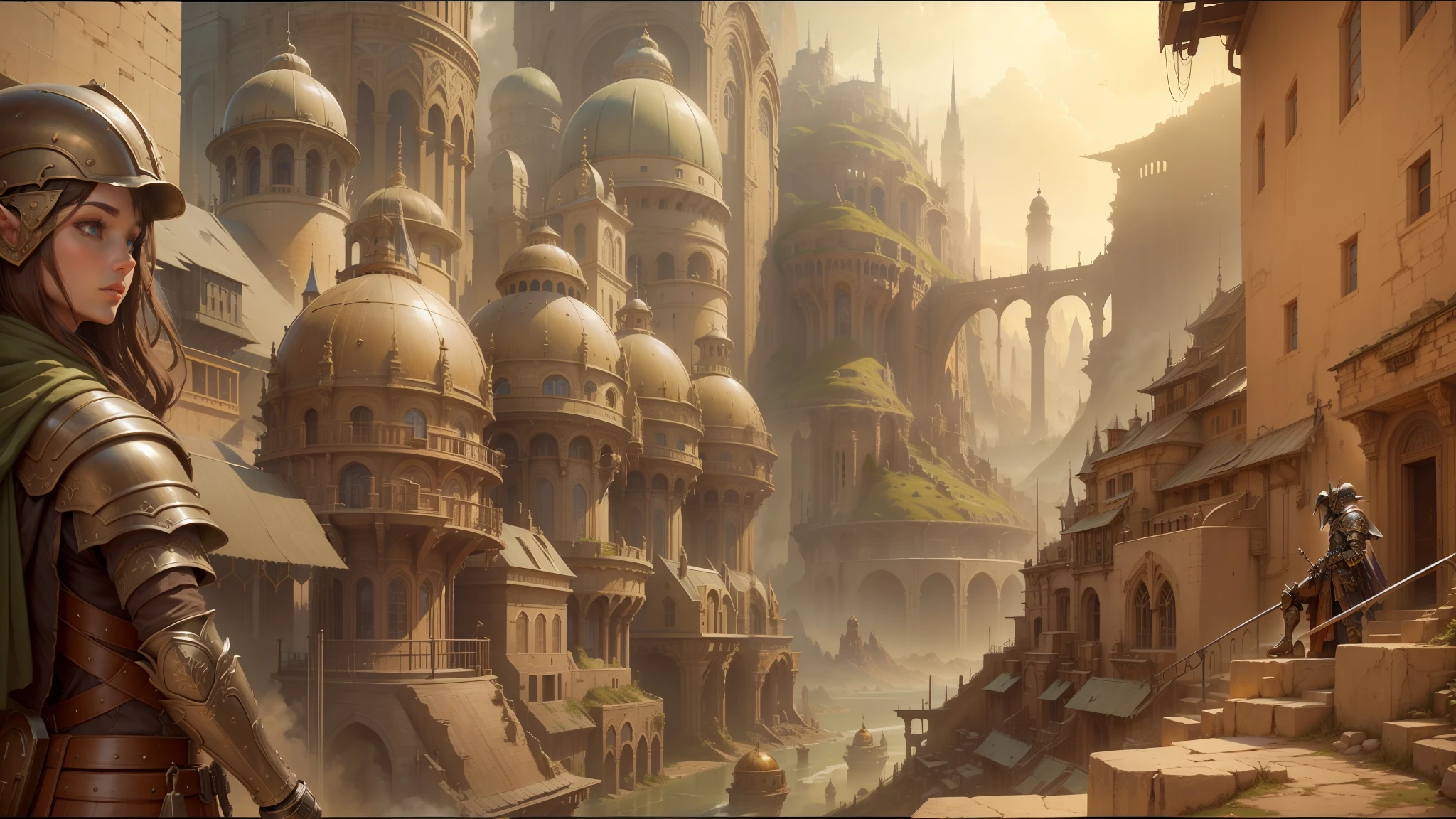 there is a painting of a man in a helmet and armor, intricate matte painting, insanely detailed matte painting, hyperdetailed matte painting, highly detailed matte painting, fantasy matte painting，cute, elven city, in fantasy sci - fi city, very beautiful matte painting, high fantasy matte painting, beautiful matte painting, elaborate matte painting, ancient steampunk city, apocalyptic future city --auto --s2