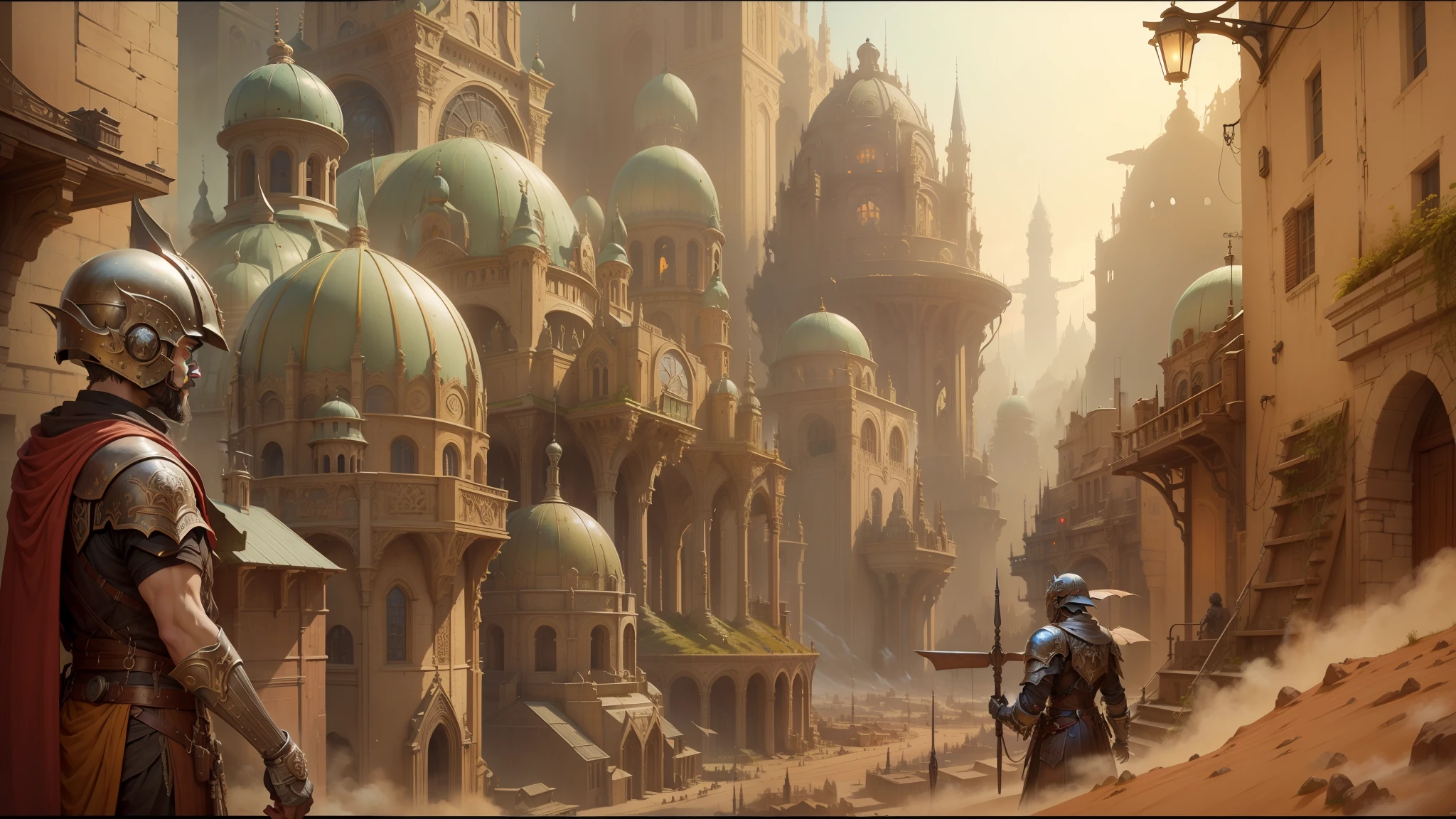 there is a painting of a man in a helmet and armor, intricate matte painting, insanely detailed matte painting, hyperdetailed matte painting, highly detailed matte painting, fantasy matte painting,cute, elven city, in fantasy sci - fi city, very beautiful matte painting, high fantasy matte painting, beautiful matte painting, elaborate matte painting, ancient steampunk city, apocalyptic future city --auto --s2