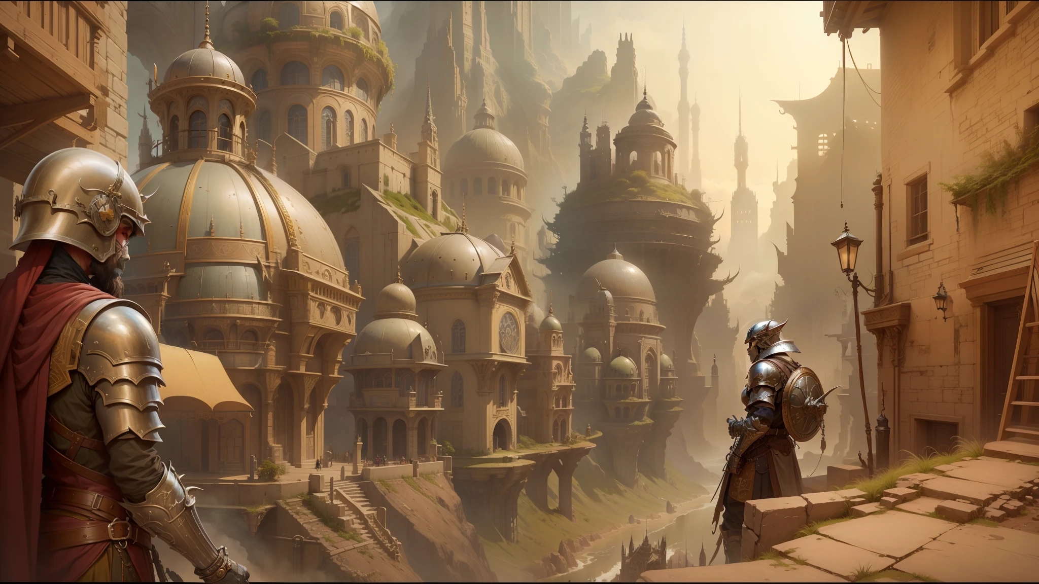there is a painting of a man in a helmet and armor, intricate matte painting, insanely detailed matte painting, hyperdetailed matte painting, highly detailed matte painting, fantasy matte painting,cute, elven city, in fantasy sci - fi city, very beautiful matte painting, high fantasy matte painting, beautiful matte painting, elaborate matte painting, ancient steampunk city, apocalyptic future city --auto --s2