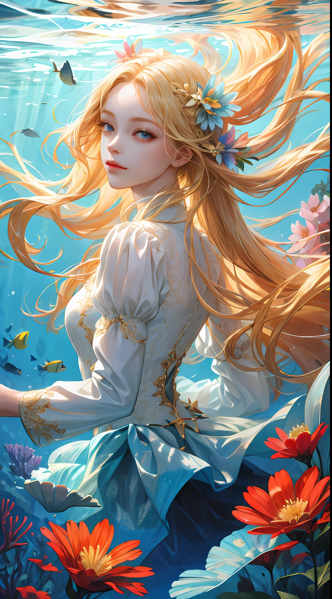 A woman in a dress is floating in the water with flowers - SeaArt AI