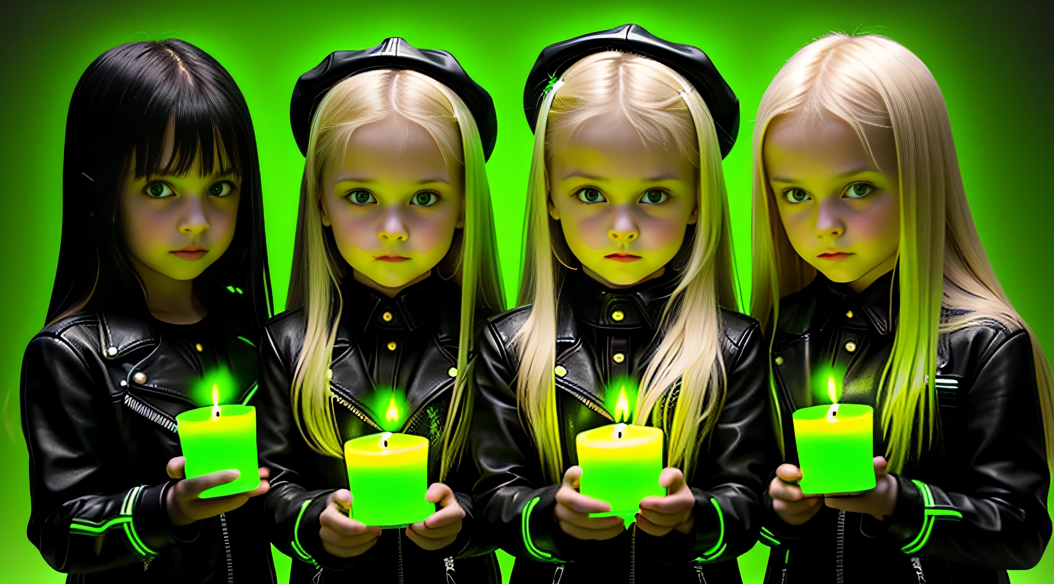 3 girls Russian  with 10 yearsONG STRAIGHT HAIR blondes, black leather jacket and black clothes,many candles in the hands with fire, PORTRAT STYLE, a green glow, detalized background of green glow, green glow, green ambient light, bright green, radioactive glow green, neon green, sickly green colors.