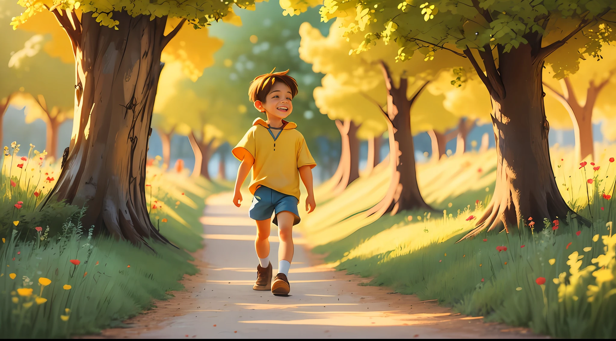 Handmade drawing style for children's story, with strong colors and magical but realistic environment. A boy in shorts with light brown hair and smiling and very bright eyes. He's in a magical world strolling along the yellow brick path.