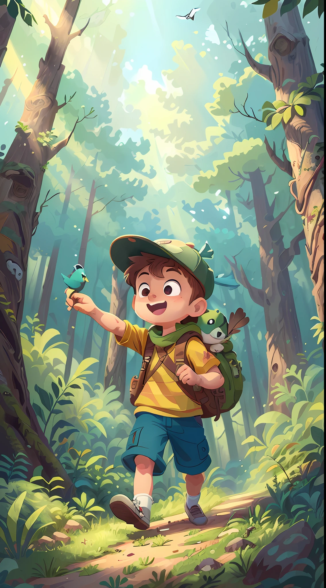 Open forest, (masterpiece art drawing, 1 adventurous boy, happy excitement, fearless(detailed enhanced animation), hat, adventure clothing. Animal( detailed masterpiece), forest, birds (realistic), sunlight, clouds, open field.