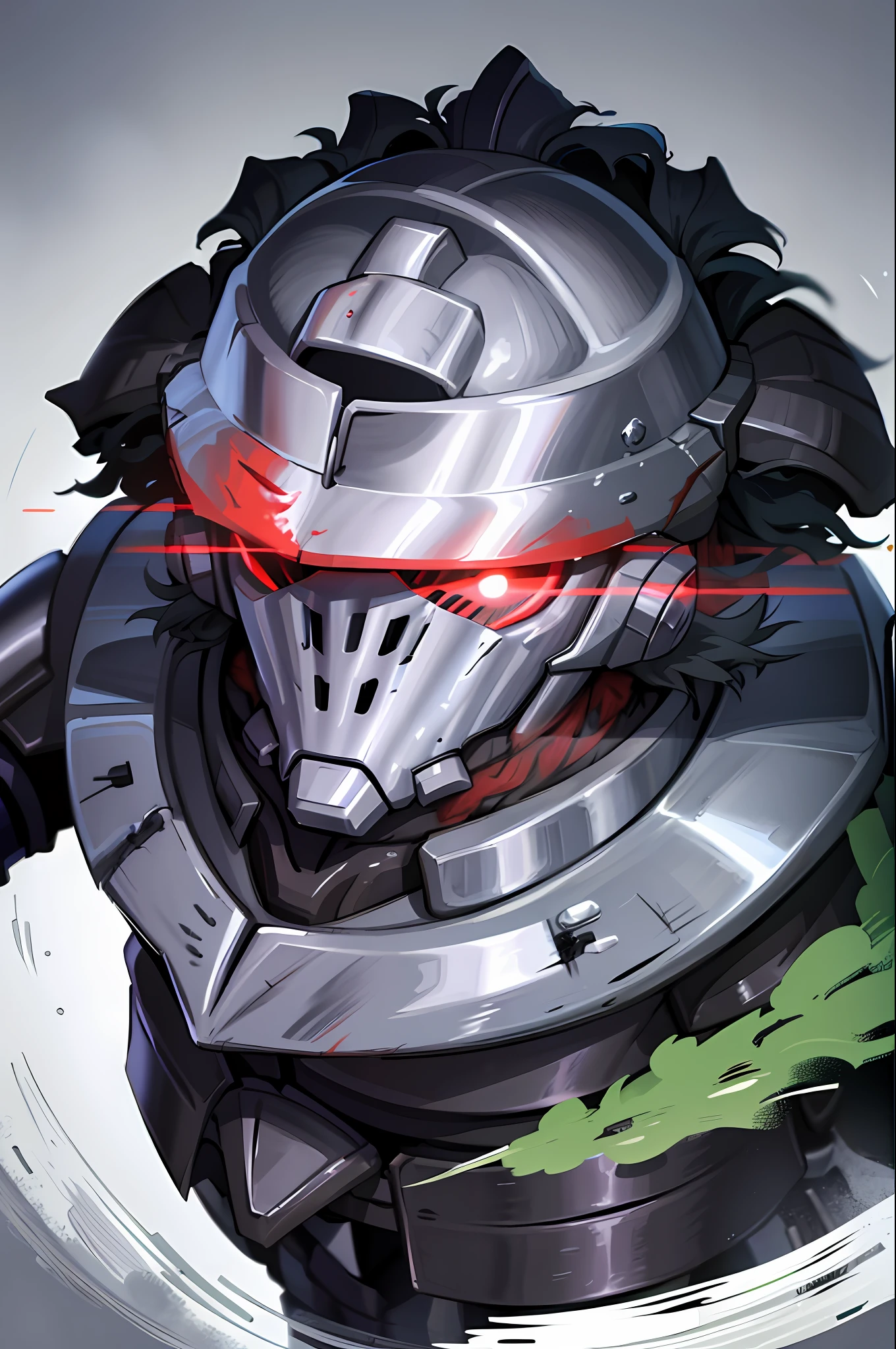 masterpiece, best quality, portrait of goblin slayer, 1boy, flaming eye, armor, helmet, black armor, blood, full armor, glowing, glowing eye, helmet, knight, male focus, plume, solo