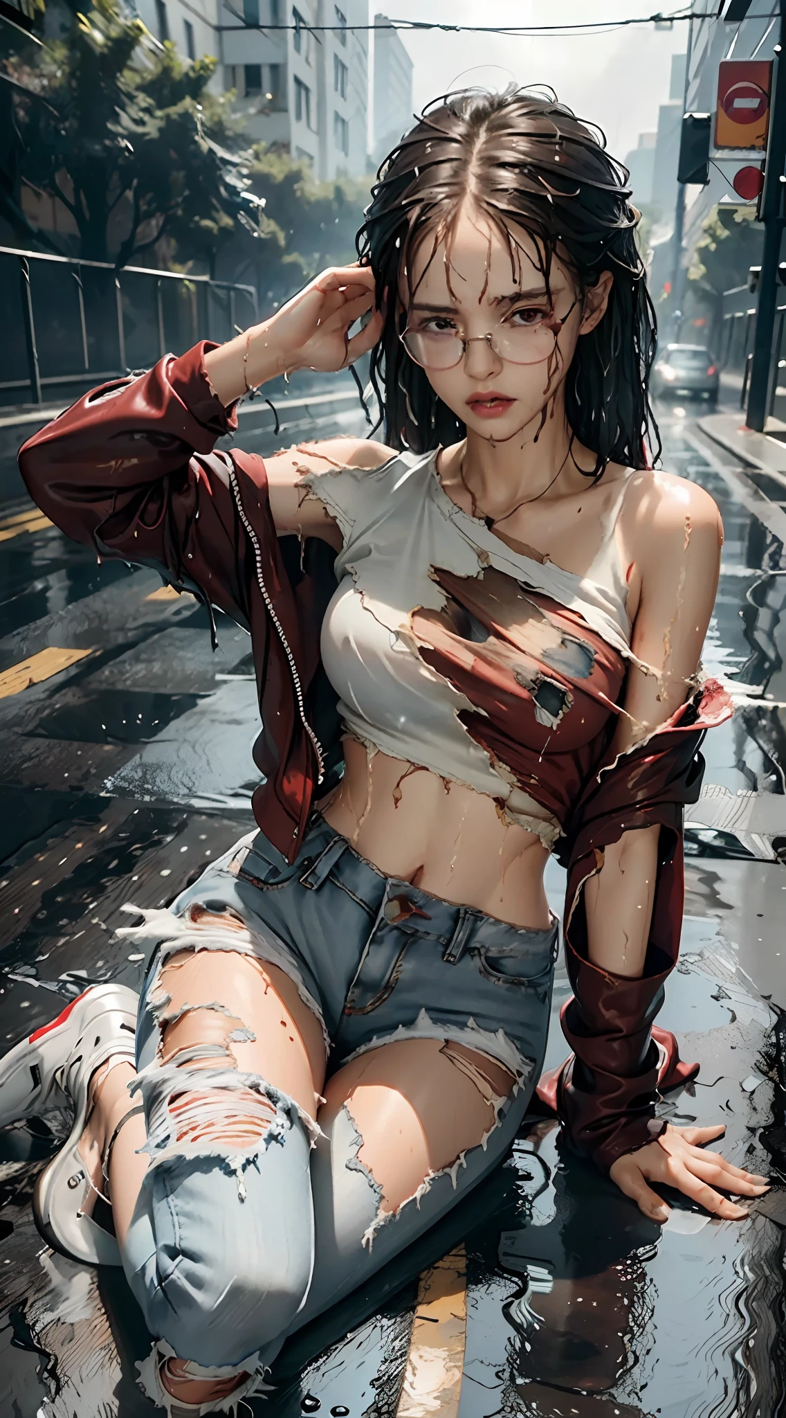 Best Image Quality, Masterpiece, Ultra High Definition, (Fidelity:1.4), Photo, 1 Girl, Glasses,Red Shirt, Ripped Jeans, White Sneakers, Dimm, Darkness, Despair, Sorry, Poor, Movie, Tears, Tears, (Ripped Clothes:1.5), (Wet Clothes:1.4), Bare Shoulders, Real Rain, Wet Hair,..