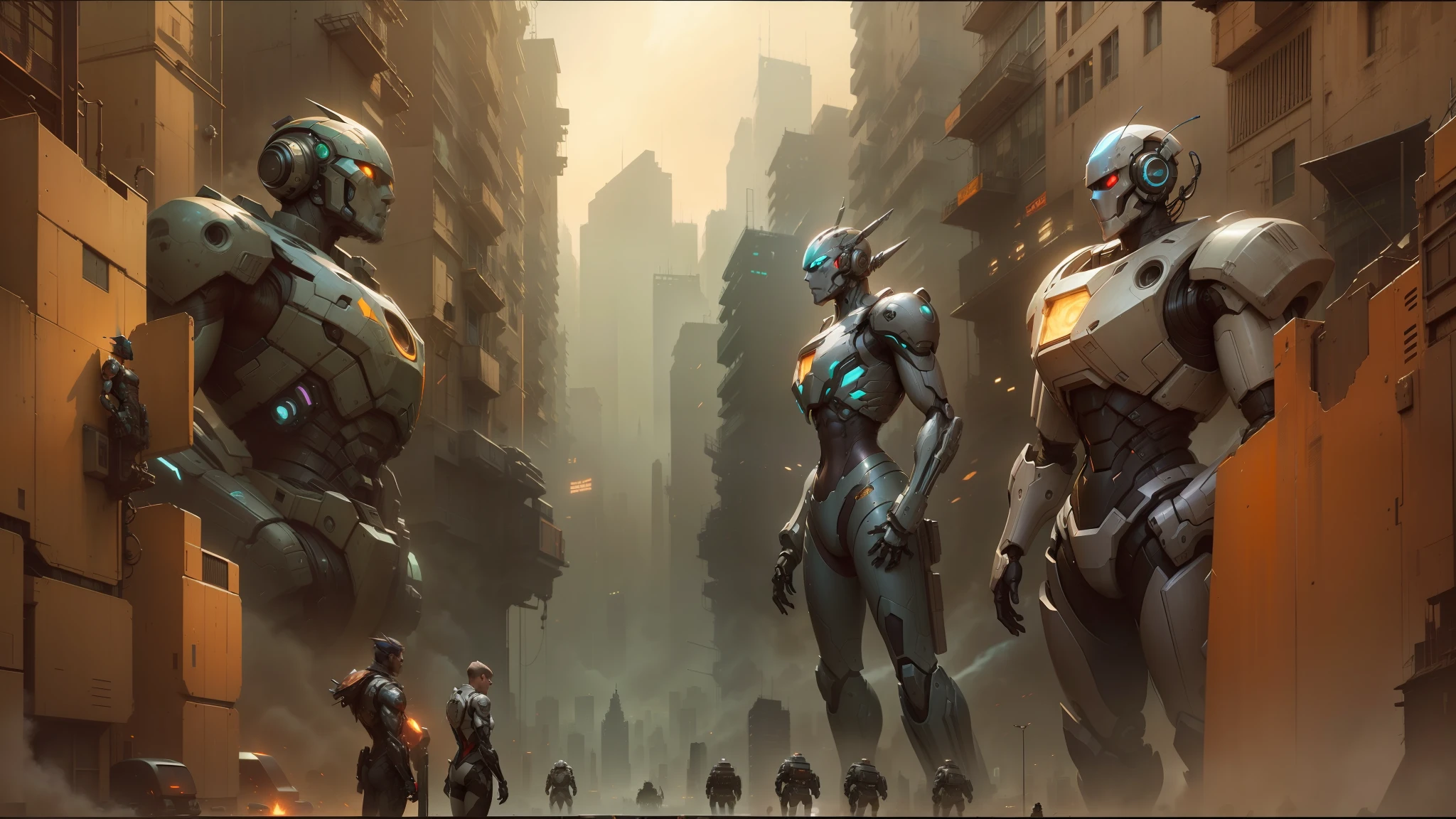 there are many robots that are standing in the middle of a city, greg rutkowski and craig mullins, style of john harris, inspired by Stephan Martiniere, craig mullins and greg rutkowski, craig mullins nekro, cgsociety ), christophe young eytan zana, style from greg rutkowski, greg rutkowski and krenz cushart --auto --s2