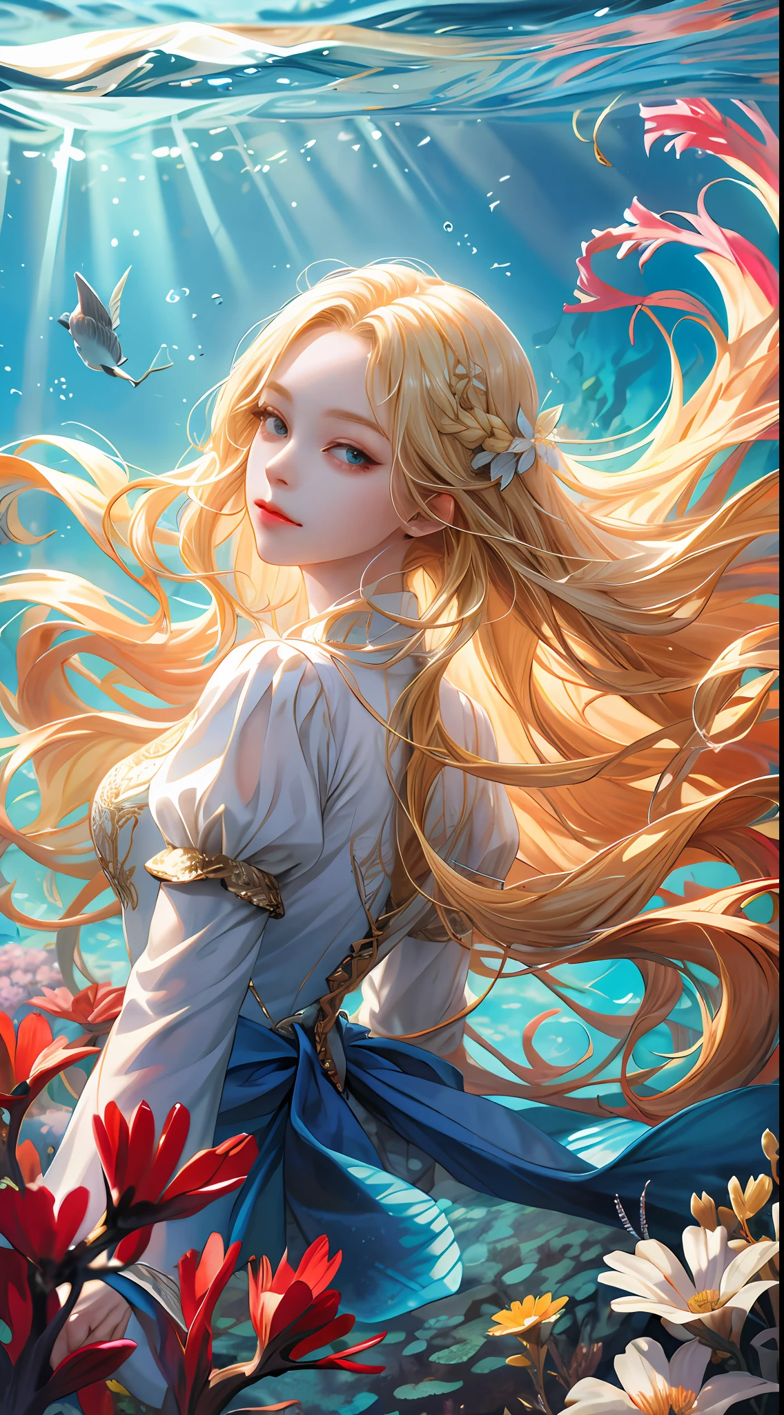 (absurdres, highres, ultra detailed), 1girl, solo, mature, (long blonde hair), fanasy, long sleeve, elegant, holy, colorful, highest detailed, underwater, floating hair, flower, looking back, upper body