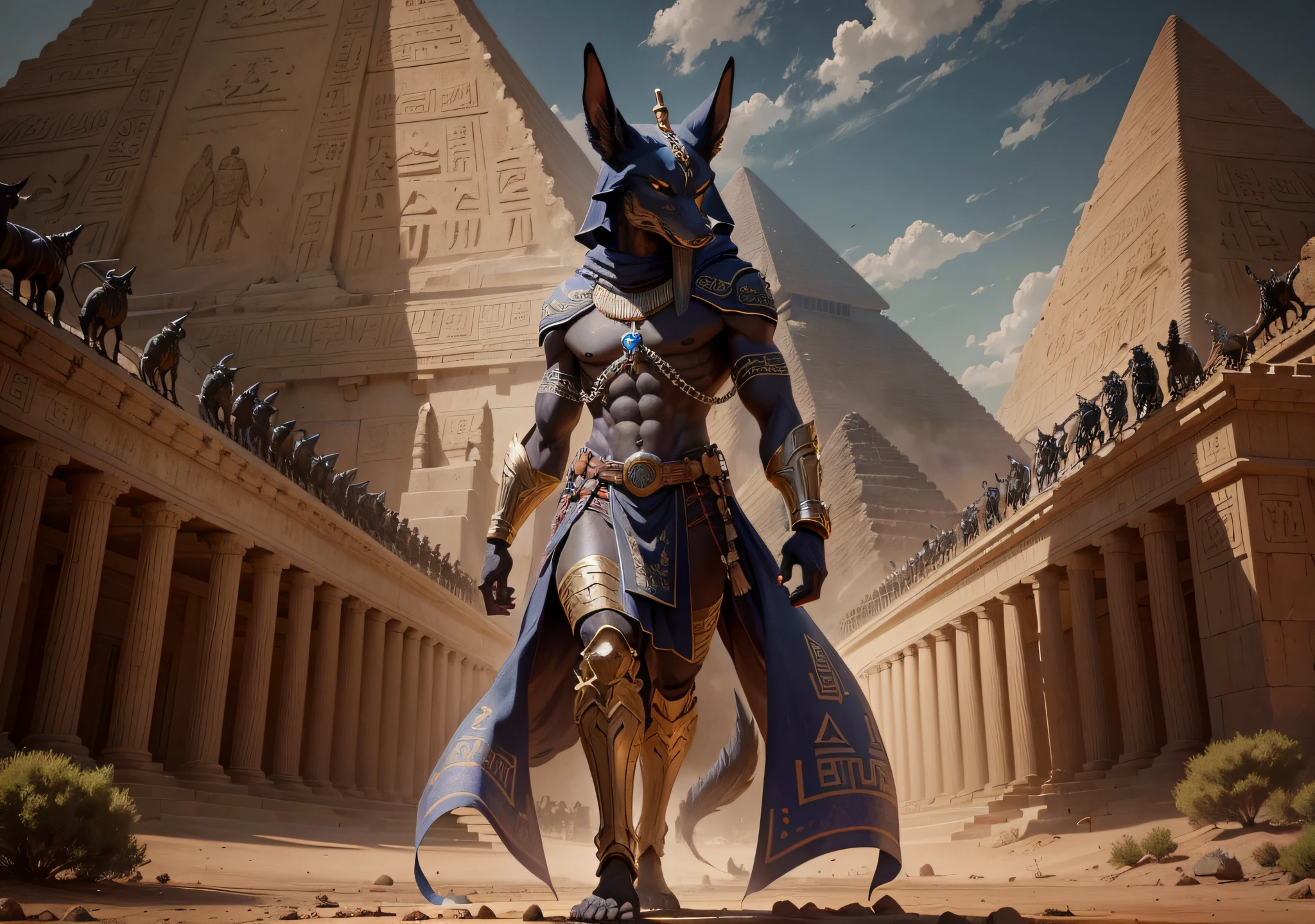 (gyeongsan: 1.5), close up, masterpiece, detailed eyes, best quality, raw photo, photorealistic, (man), (dark), (fire), (ultrarealistic), (cinematic), (oil painting), (8k), (super detailed), (full body), (detailed hands), (detailed feet), (man) Anubis, (fierce), jackal head, 1 pyramid, black warrior, muscular, egyptian god, shadows, --air 3:2 --no drawin, --no deformation members --auto --s2