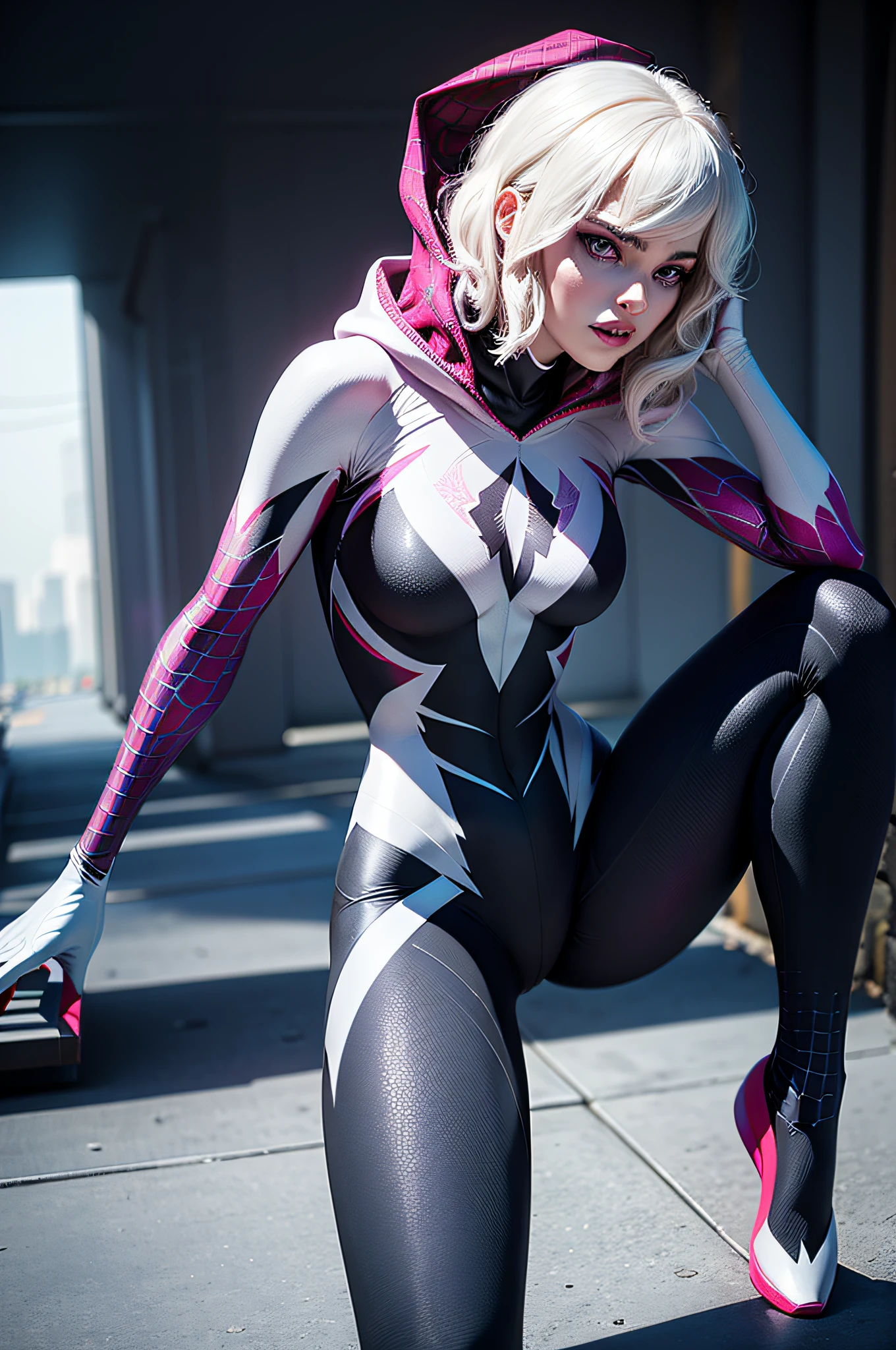 Spider Gwen Gwen in a black and pink outfit, organic looking outfit, gooey forehead, symbiote, white eyes, fine art, PS5 cinematic screenshot, highly detailed detailed cinematic rendering, ultra photorealistic raytricing, with cinematic lighting