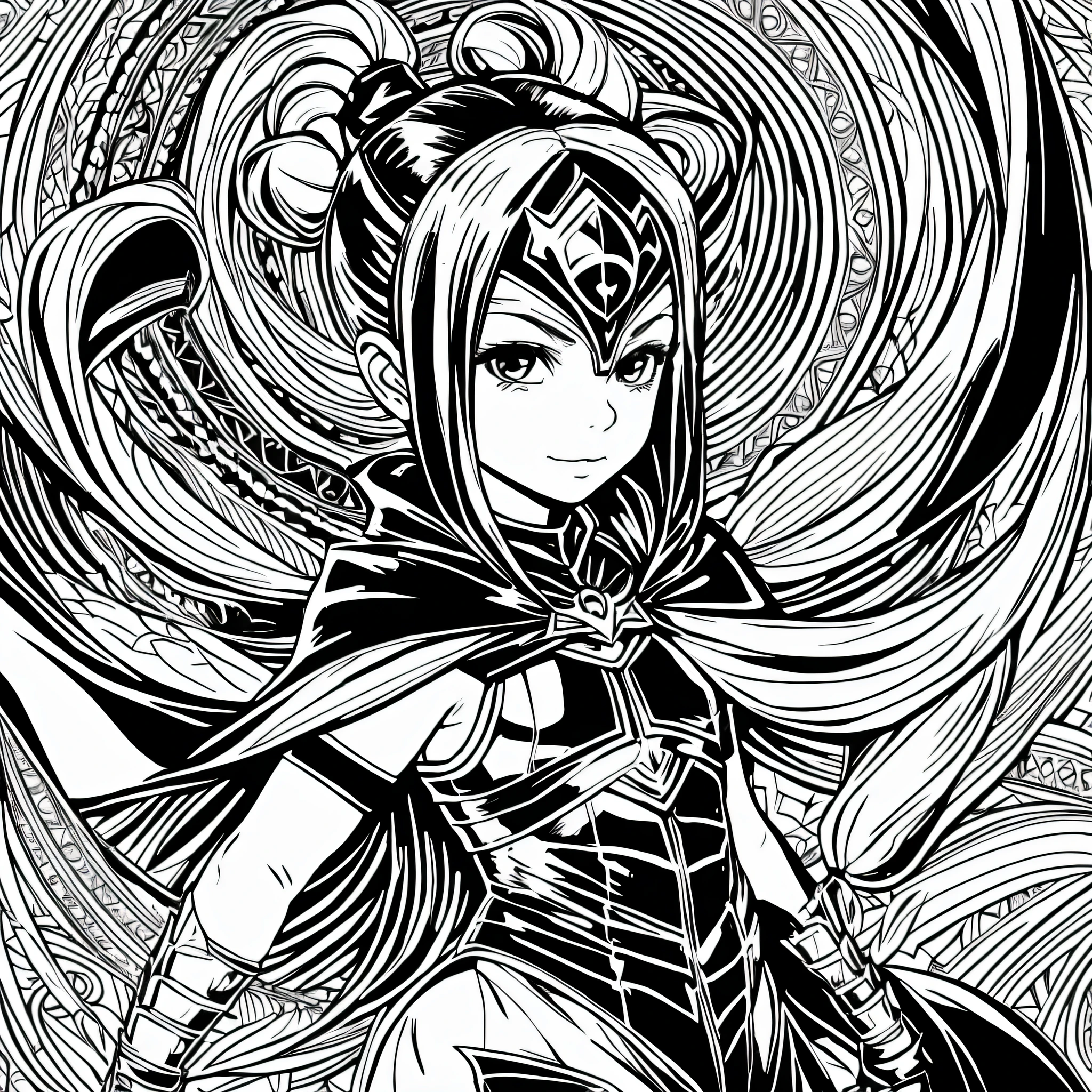 6-year-old superhero girl with braided tail, wearing a beautiful cape and mask, children's coloring book style, simple black thick outline, no gradient, no shading, flat black and white, vector art --auto --s2