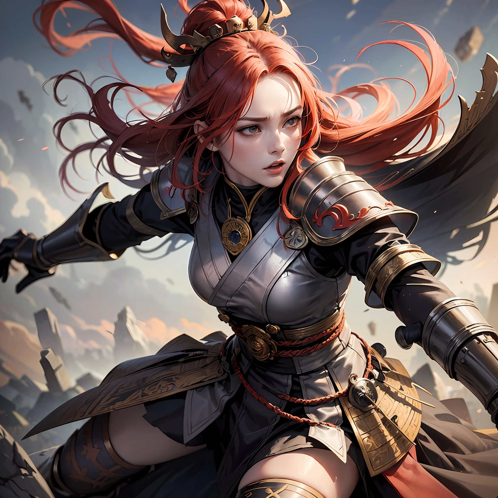 (open image) (kaisen jujutsu style), (line art:1.5), (1 woman:1.3), ((color)), English, detailed armor, crown on her head, long red hair, (masterpiece, battlefield, battle pose,top quality, best quality), well detailed strokes, extremely detailed background, good composition, good anatomy, perfect lighting, good shading, (realistic:1.3), --auto --s2