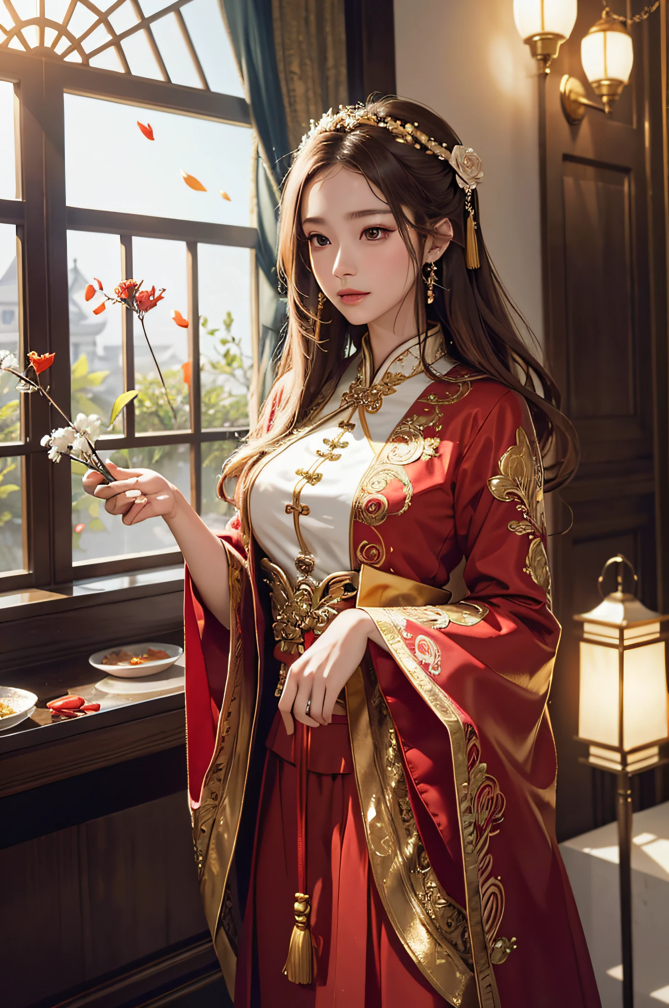 best quality, masterpiece, highres, (exquisite body:1.5),gorgeous face,(milky skin:1.3),intricate details,high resolution,wallpaper,
1girl, solo, dress, hair ornament, (((gold and red dress))), flowers, long hair, brown hair, closed mouth, jewelry, long sleeves, hand up, wide sleeves, big eyes,floating hair, chinese clothes, hanfu, embroidery, long skirt, natural pose, falling petals, indoor,fanning, lantern,
16K,HDR,highres,depth field,(film grain:1.1),boken,golden hour,(lens flare),vignette,rainbowing,(color grading:1.5)
