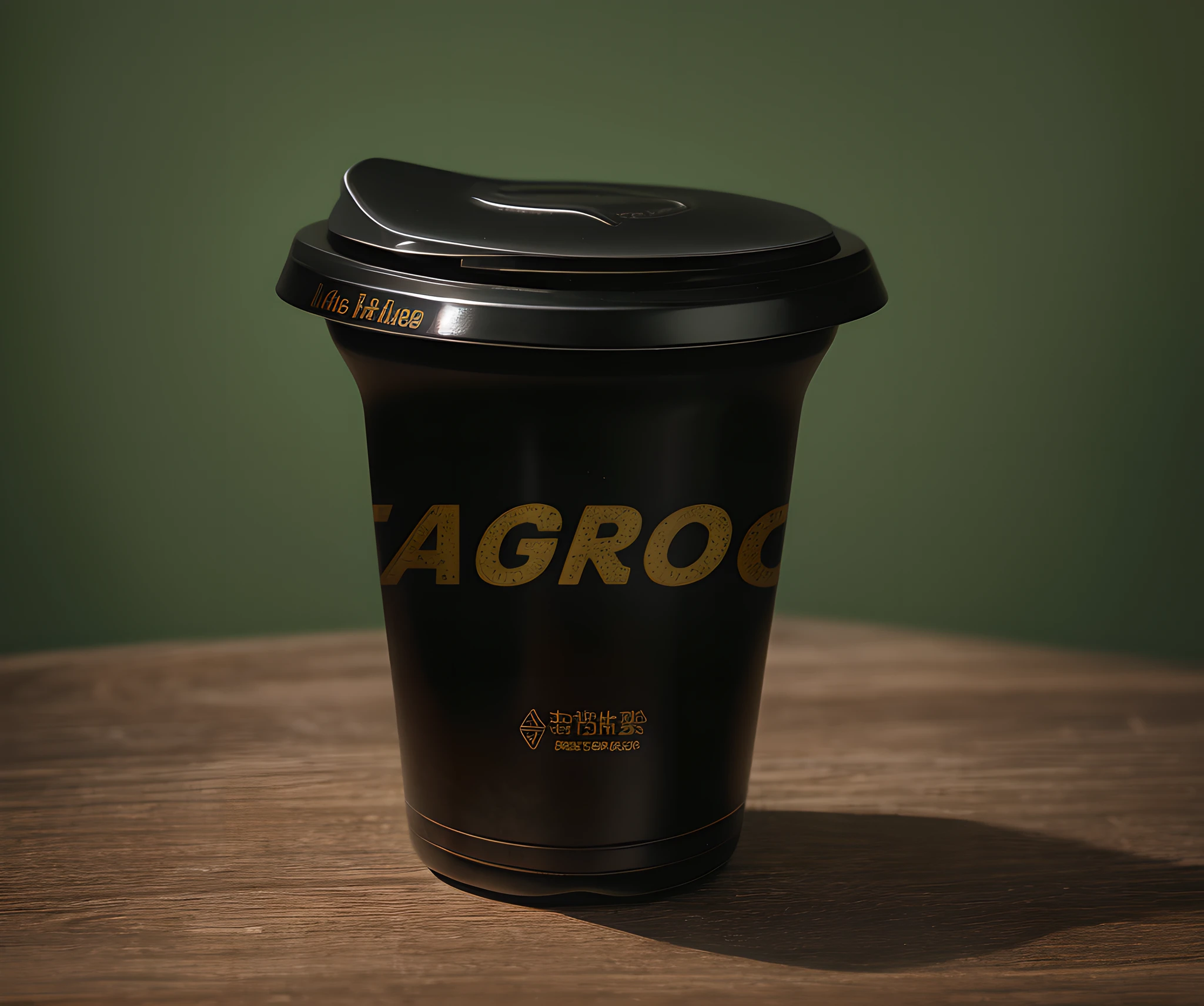 Close up of black mug with lid and black lid, golden text on coffee cup, transparent black plastic mug, official product picture, strog, dobo, portrait image, detailed light green background, shogakukan, hy-gogg, product photo, no text, straw, gelbooru, goro, --auto --s2