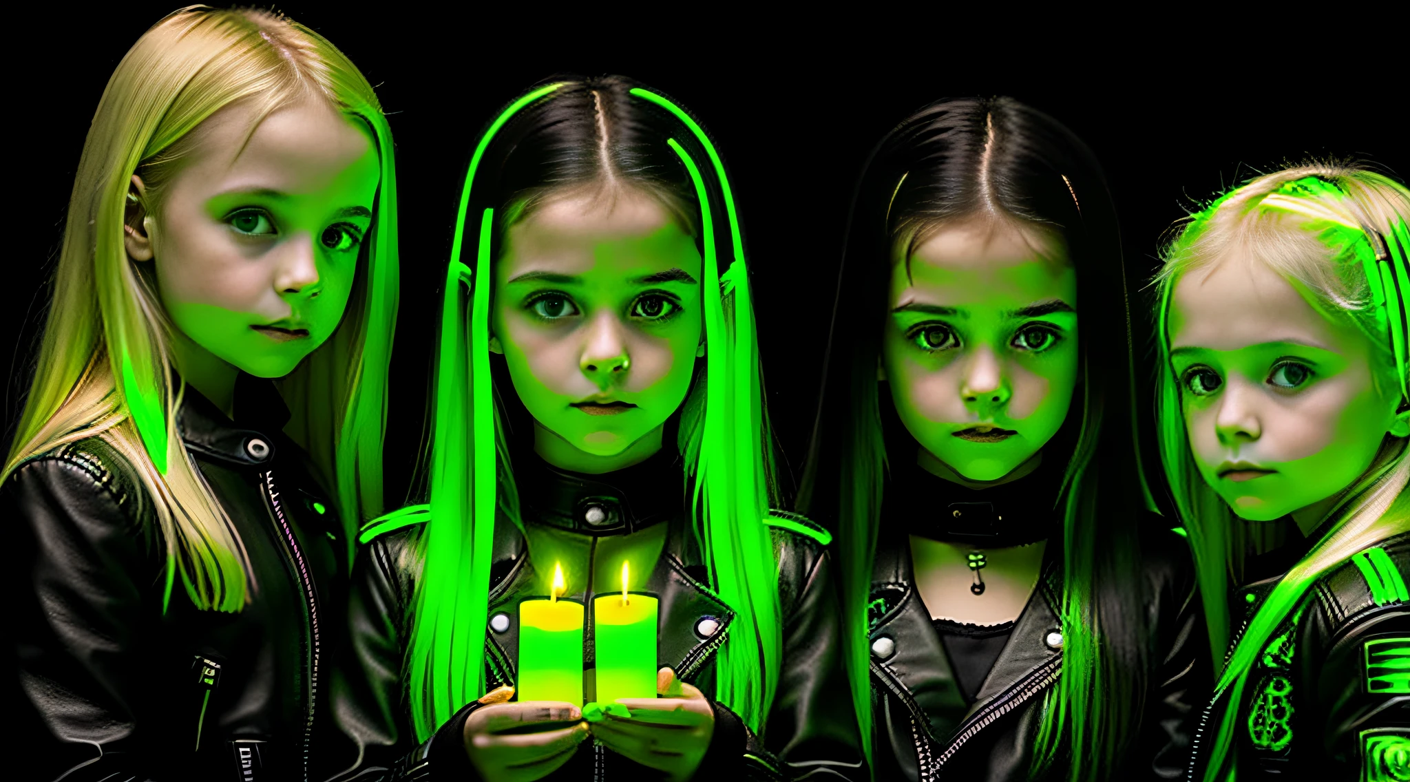 3 girls Russian children with 10 years old, WITH LONG STRAIGHT HAIR blonde, black leather jacket and black clothes, many candles with fire, PORTRAT STYLE, a green glow, detalized background of green glow, green glow, green ambient light, bright green, radioactive glow green, neon green, sickening green colors.
