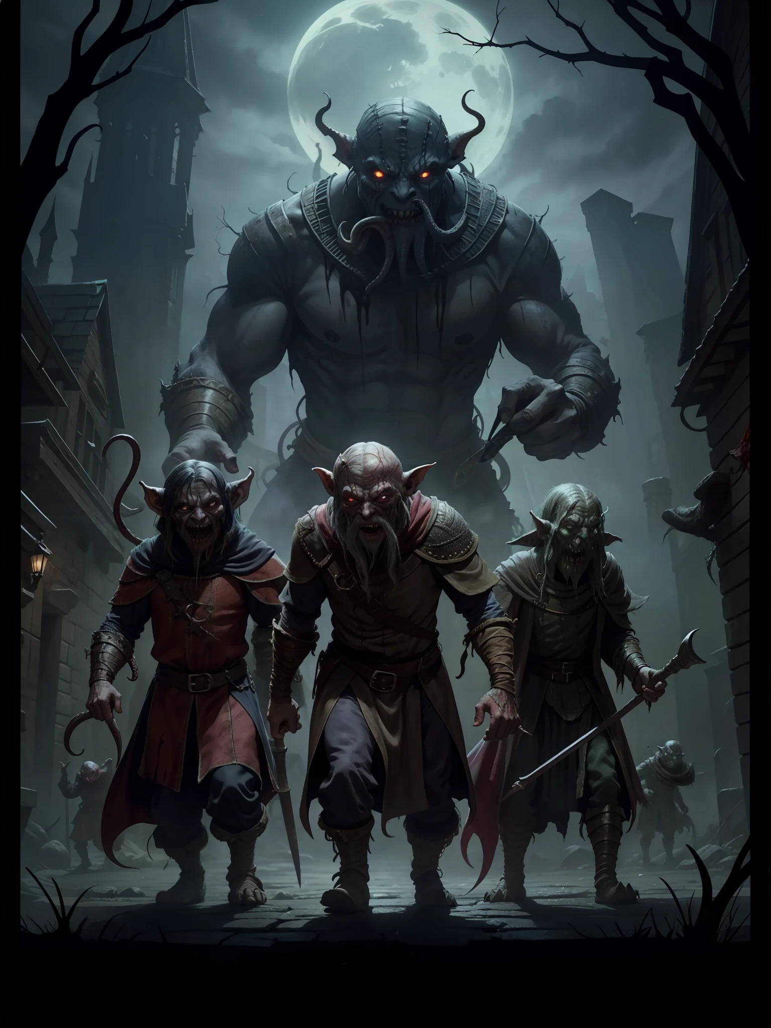 various monstrous medieval goblins, with deformed bodies and disgusting tentacles, in a medieval city, night, dark environment, darkness, fog, bloodstained, horror