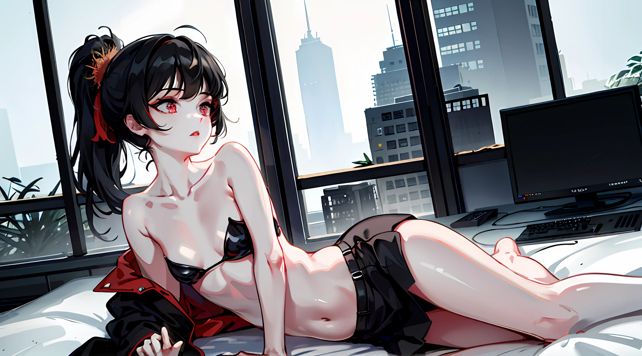 (masterpiece:1.0), (best quality:1.2), 1girl, diagonal bangs, high ponytail, red eyes, black hair, (ultra highres:1.2), 8k resolution, sharp focus, cinematic lighting, detailed beautiful face, detailed skin texture, pale skin, flat chest, pale, (solo), female focus, white shirt, buttoned shirt, black skirt, short skirt, standing, white background, ruined city,building, skyscraper, post-apocalypse, overgrown, debris, grass, moss, dusk, (fog:1.2),