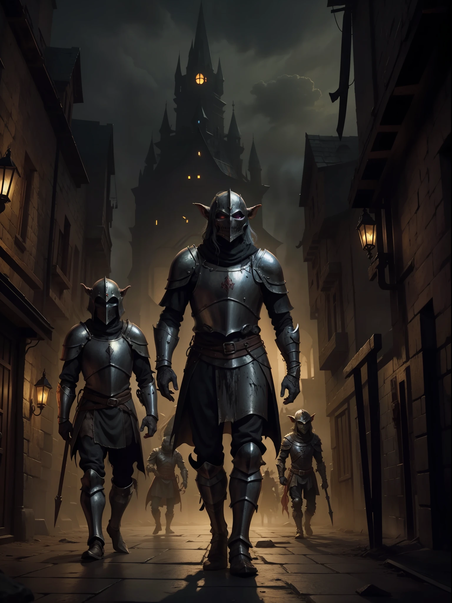 Several medieval goblins, with deformed bodies and dirty metal armor, in a medieval city, night, dark environment, darkness, fog, dirty with blood