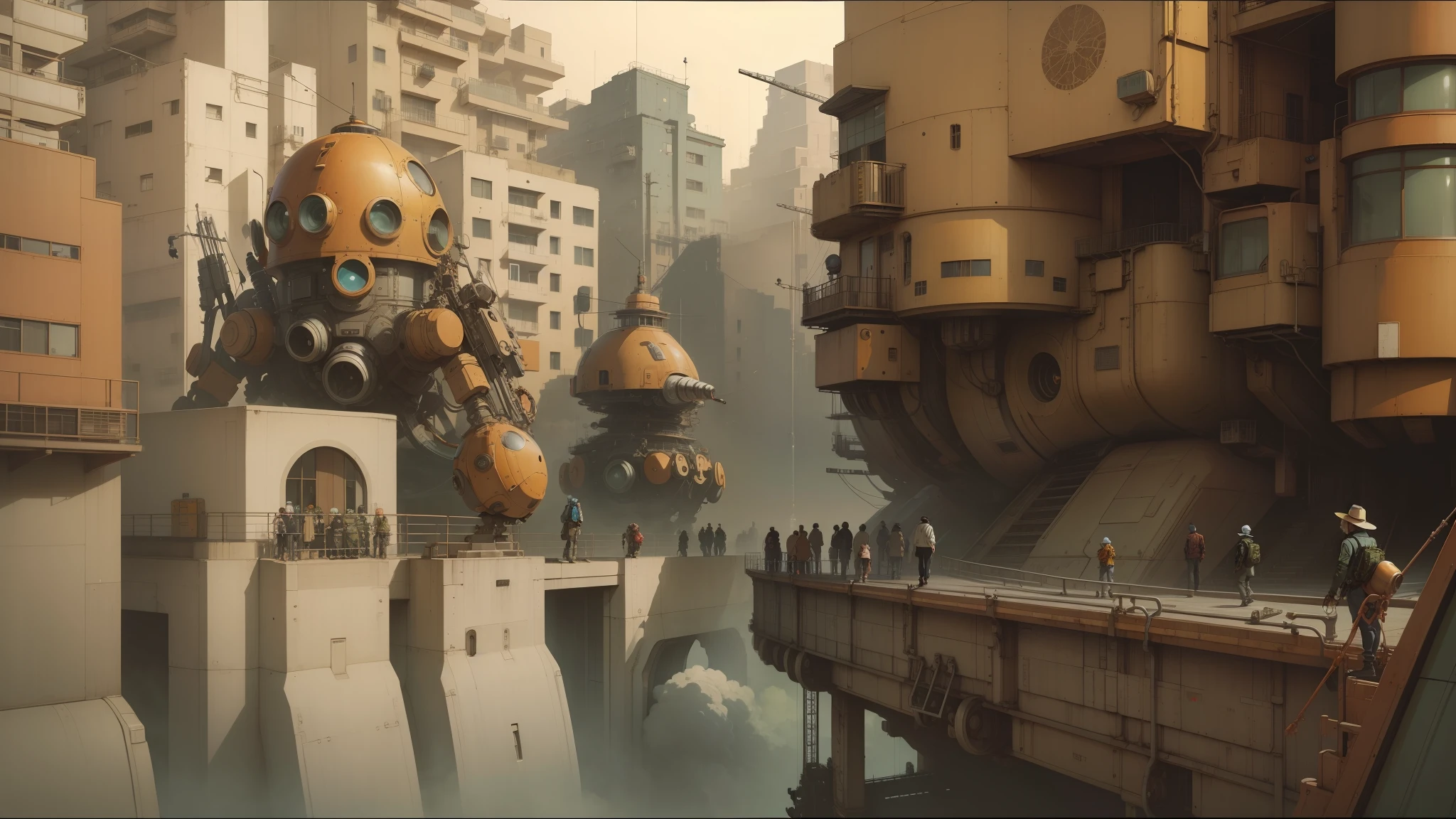 there are many robots that are walking on a bridge, by katsuya terada, katsuhuro otomo highly detailed, yoji shinkawa and geof darrow, enki bilal style, tekkonkinkreet, by Otomo Katsuhiro, by shirow masamune, peter gric and dan mumford, yoh yoshinari --auto --s2