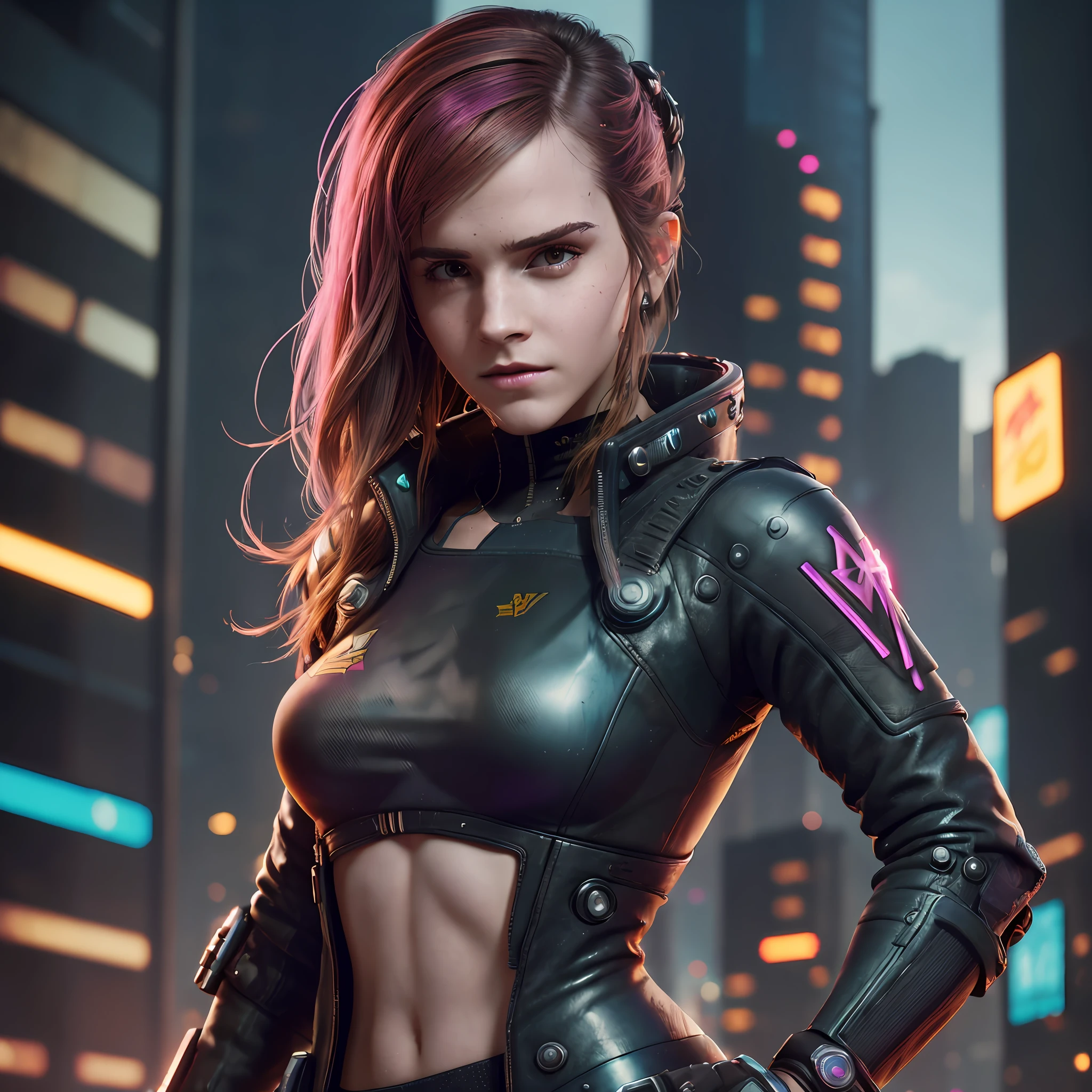 "(best quality, masterpiece), cyberpunk 2077 style, full body close-up, Emma Watson, confident posture, expression of defiance." --s2