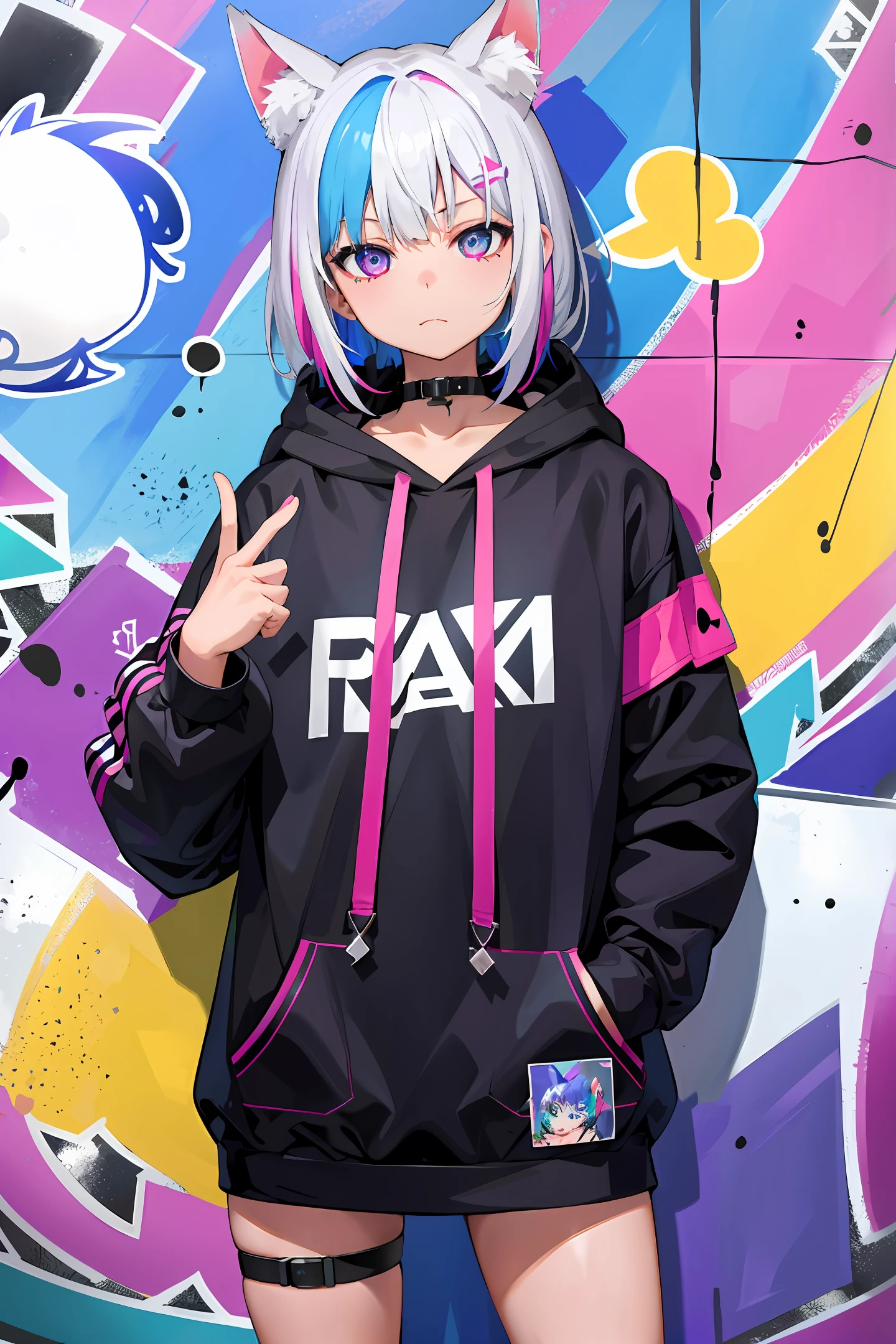 masterpiece, high quality, high resolution, absurdity, ultra detail, 8k, 1girl, platinum grey hair, blue hair, multicolored hair, gradient hair, looking viewer, colorful eyes, colorful hoodie, (graffiti mural wall background: 1.15), vivid colorful painting, portrait, crosshair ornament, closed mouth, waist bag, against wall, bangs, shadow, reflection, cat's ears,