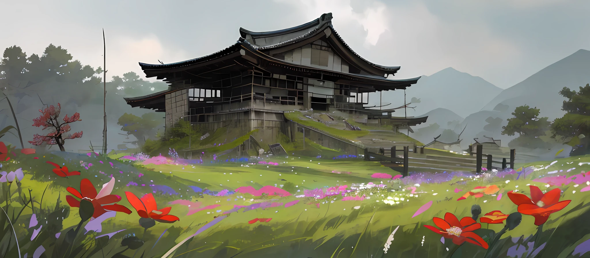 Grass and flowers, flowers in the foreground
