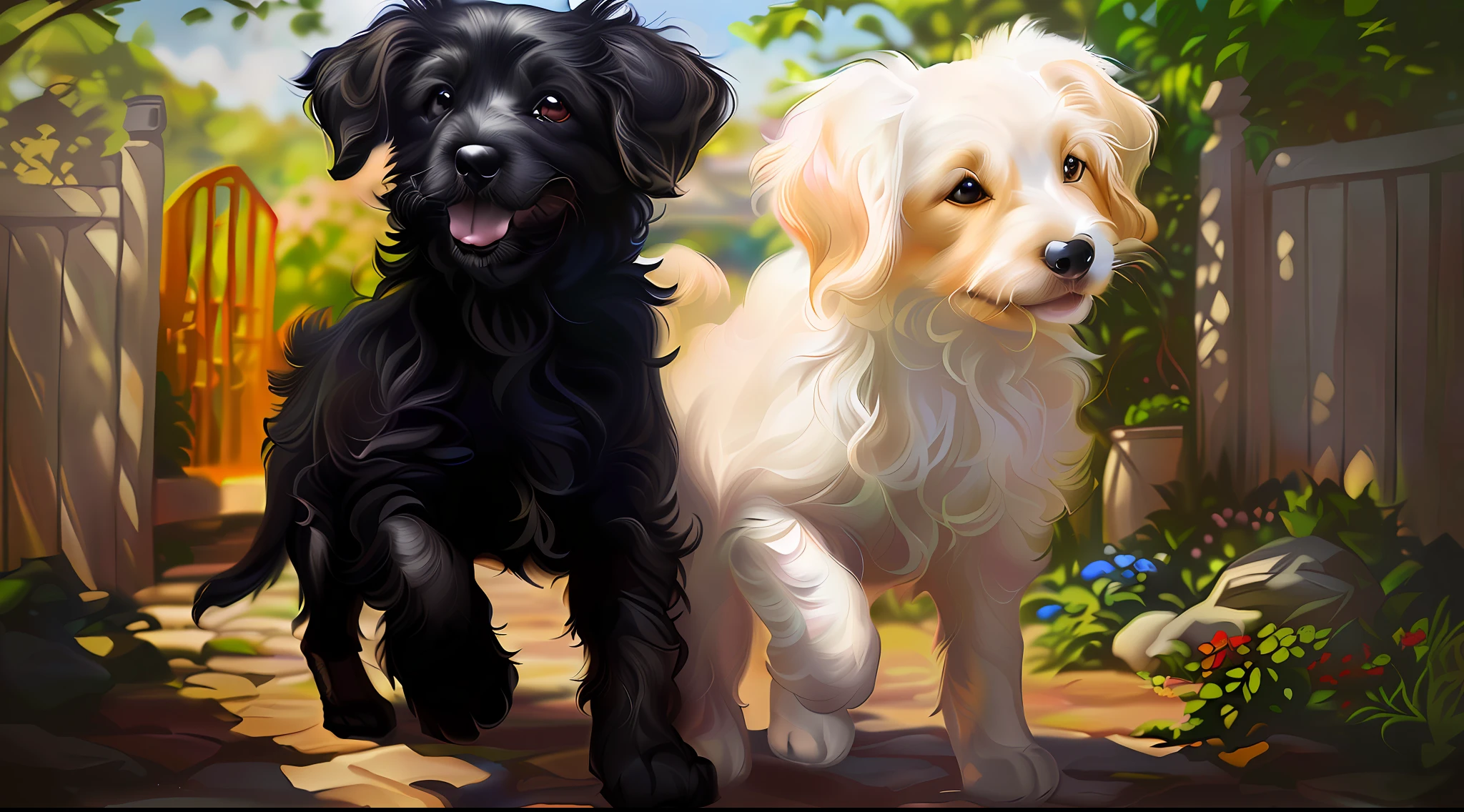 painting of two dogs standing next to each other in a garden, adorable digital painting, high quality portrait, digitally painted, digital painting highly detailed, two dogs, puppies, beautiful painting of friends, high quality digital painting, high quality wallpaper, ultra realistic picture, highly realistic, photorealistic picture, very very realistic, realistic picture, photo realistic style, painting of cute dog