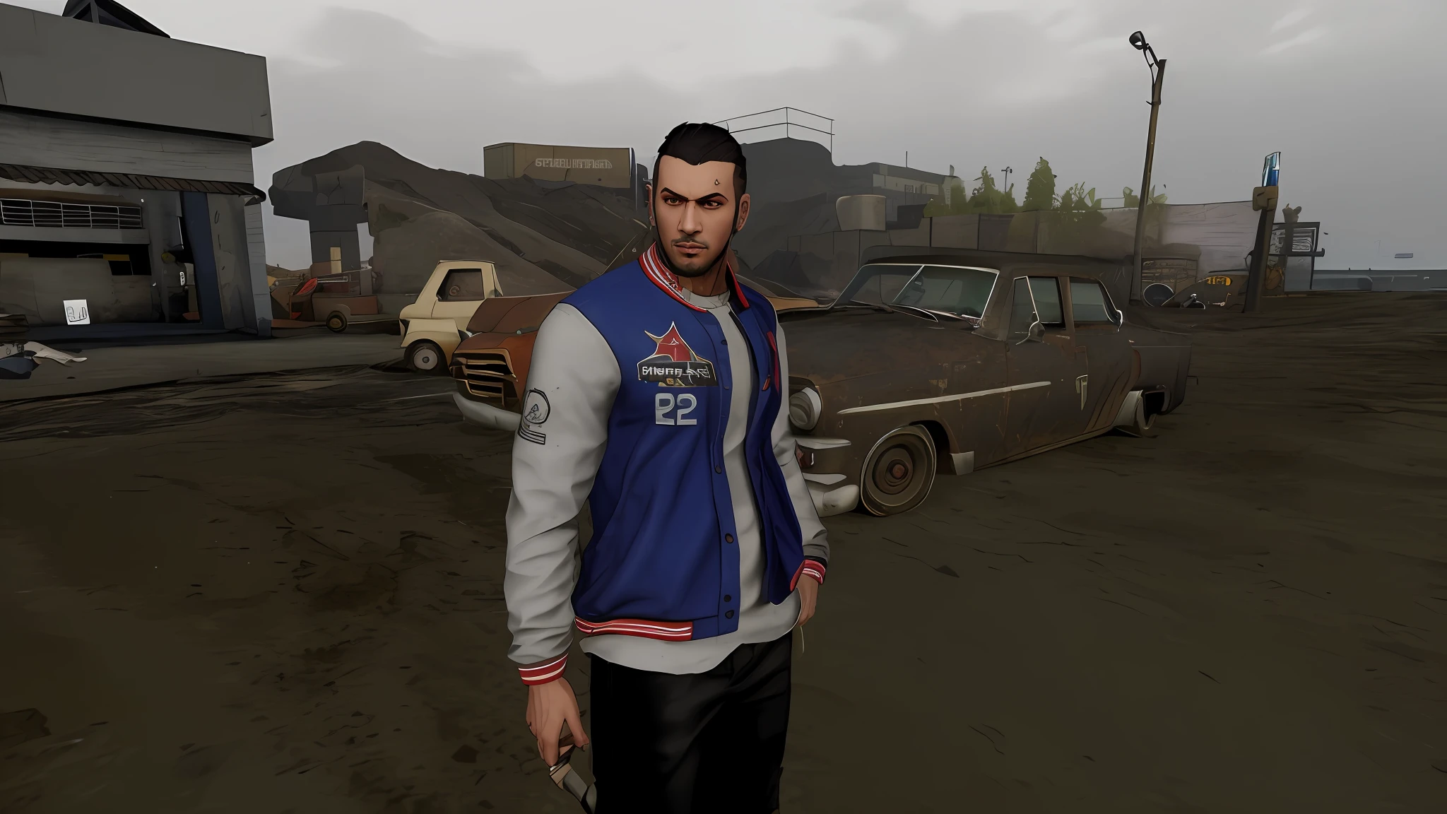 there is a man standing in a dirt lot with a baseball bat, fashion gameplay screenshot, in game, ingame image, in-game, in - game, skin : tjalf sparnaay, mechanic punk outfit, gta character, ingame, inspired by Jang Seung-eop, 2 k, 2k, as a character from gtav