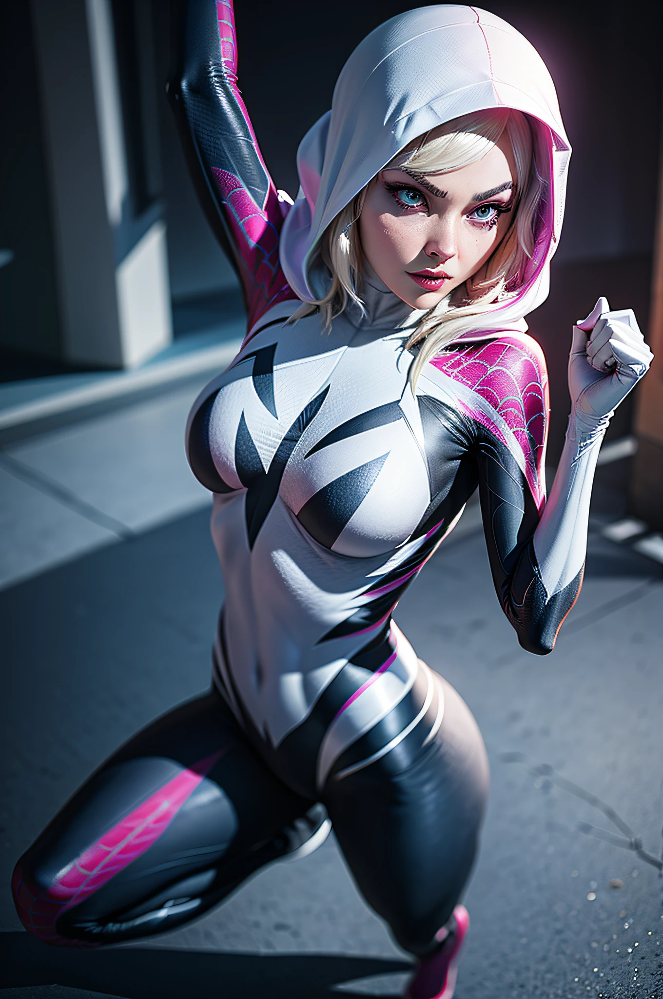 Spider Gwen Gwen in a black and pink outfit, organic looking outfit, gooey forehead, symbiote, white eyes, fine art, PS5 cinematic screenshot, highly detailed detailed cinematic rendering, ultra photorealistic raytricing, with cinematic lighting