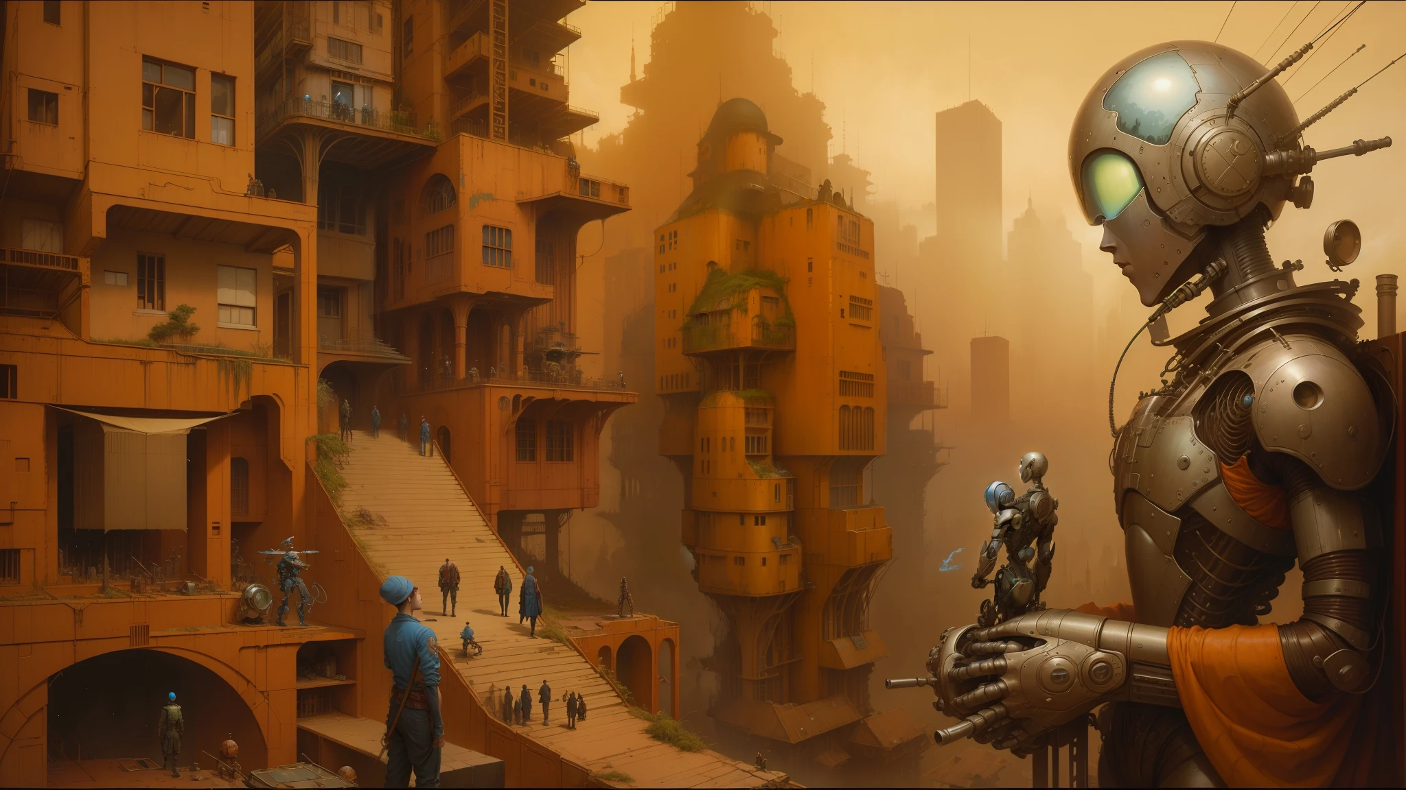 there is a painting of a robot that is standing in front of a city, peter gric and dan mumford, beksiński and james jean, michael whelan and pixar, justin gerard and greg rutkowski, style of daniel merriam, andreas rocha and john howe, weta studio and james jean, larry macdougall --auto --s2