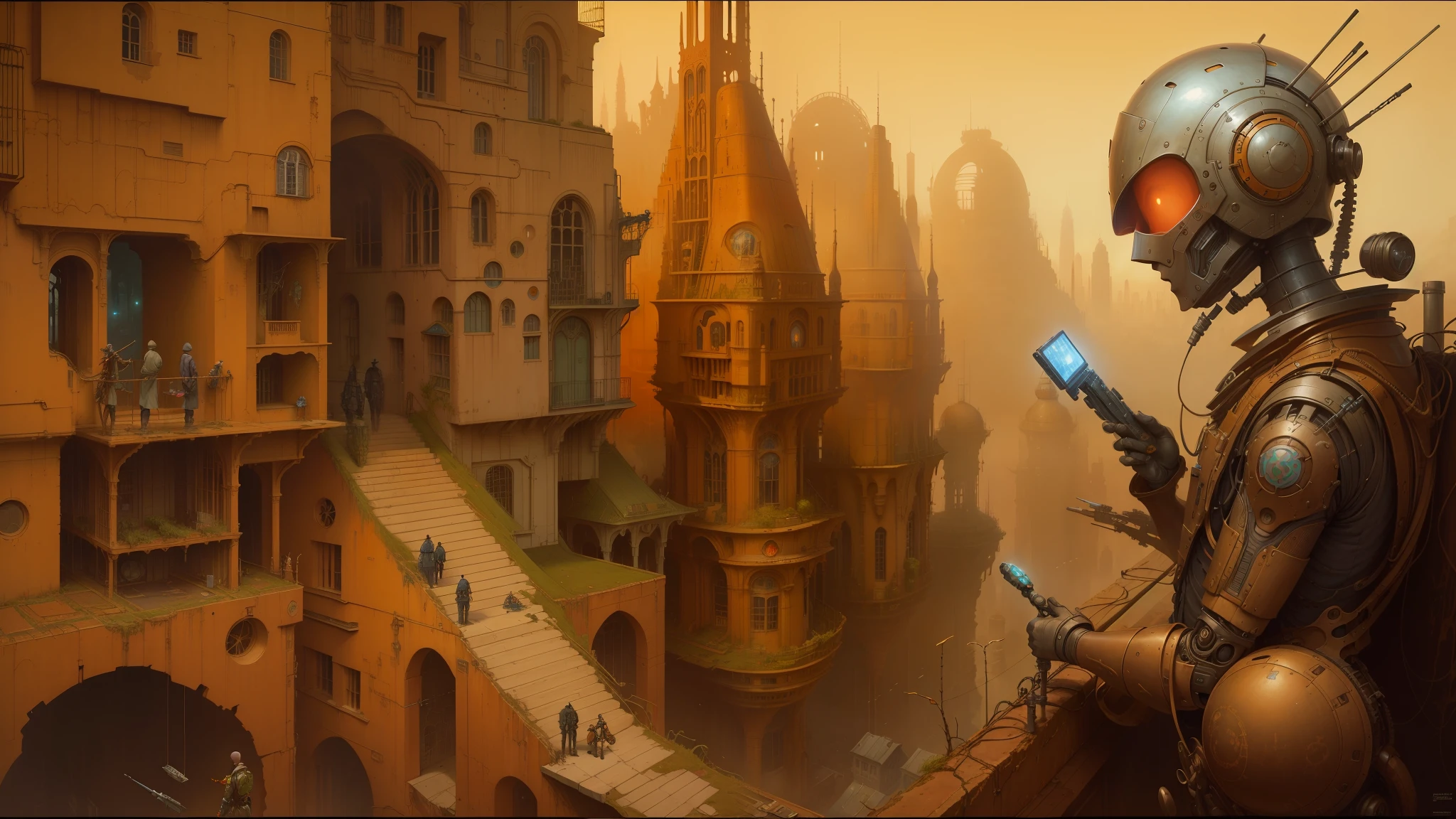 there is a painting of a robot that is standing in front of a city, peter gric and dan mumford, beksiński and james jean, michael whelan and pixar, justin gerard and greg rutkowski, style of daniel merriam, andreas rocha and john howe, weta studio and james jean, larry macdougall --auto --s2