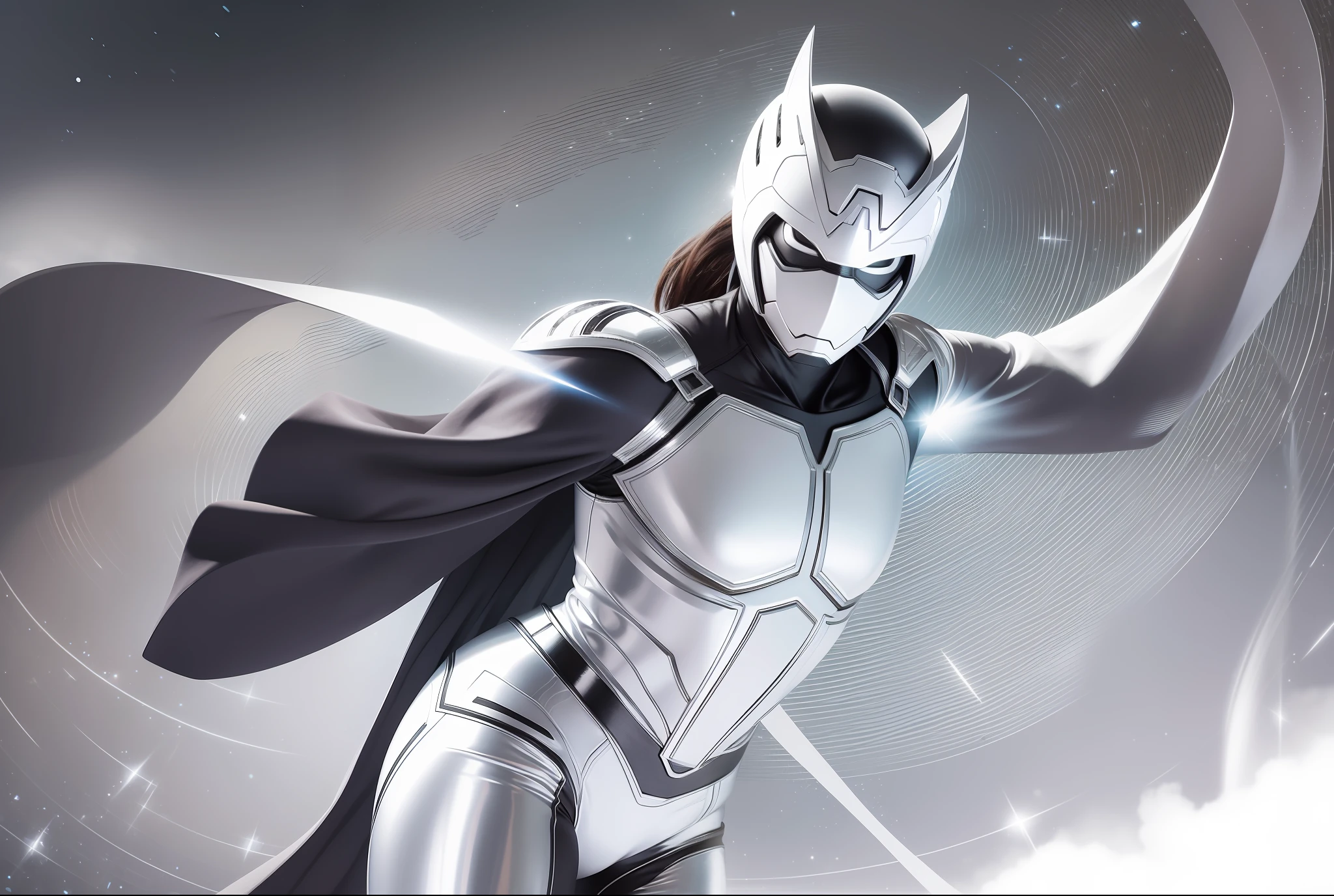 Superhero in white and chrome uniform