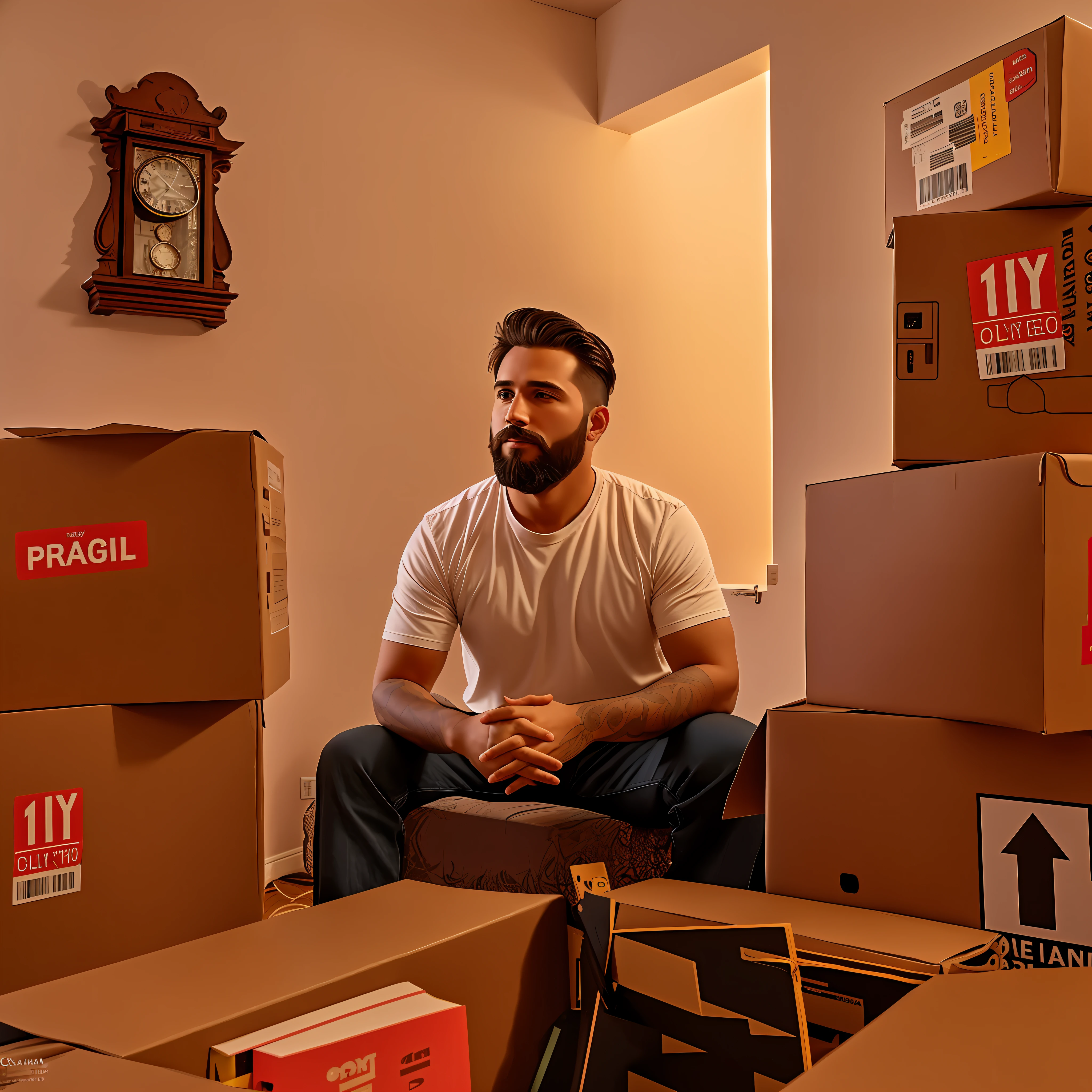 Bearded man, thoughtful countenance, sitting on an old wooden chair in a room with cardboard boxes, in the background an old clock on the wall on the left side, filmed with Sony Alpha 1 camera, filmed on Sony A 7 III, filmed on Canon EOS R 5, filmed on Canon EOS R5, taken with Sony Alpha 9, captured on Canon EOS R 6, taken with Canon 5D MK4, shot with a Canon 20mm lens, best quality, realistic, 16k, dynamic light, real human skin, (extremely detailed)