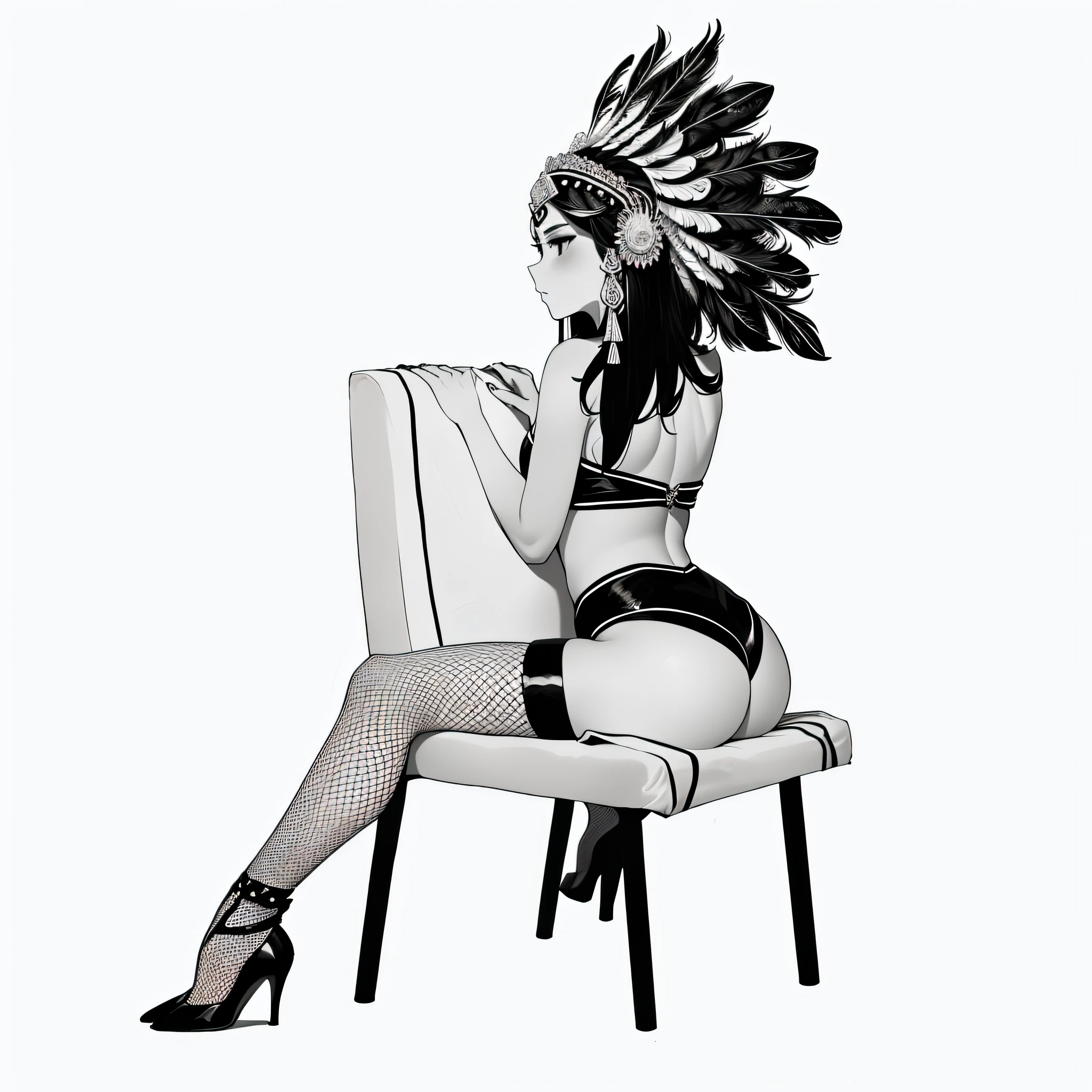 Create minimalist black and white art of a woman wearing a headdress adorned with peacock feathers on her head