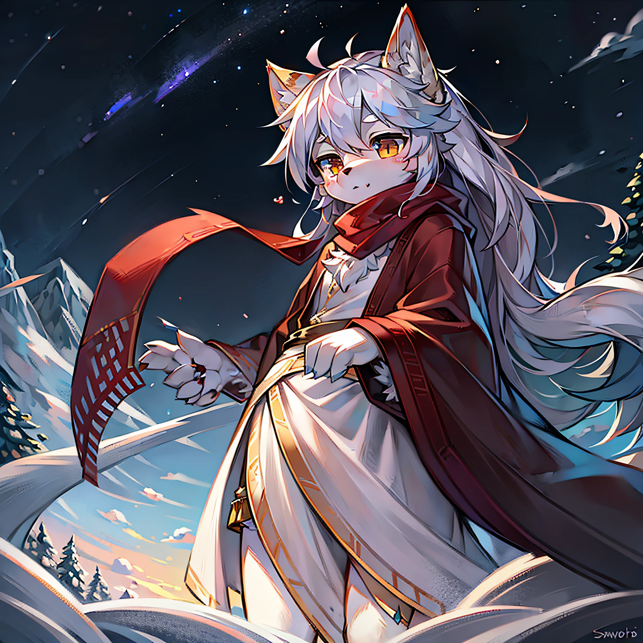 Beasts, snowfields, furry, masterpieces, high quality portraits, super cute faces, wind, wolf attributes, northern lights, cotton clothes, red scarves