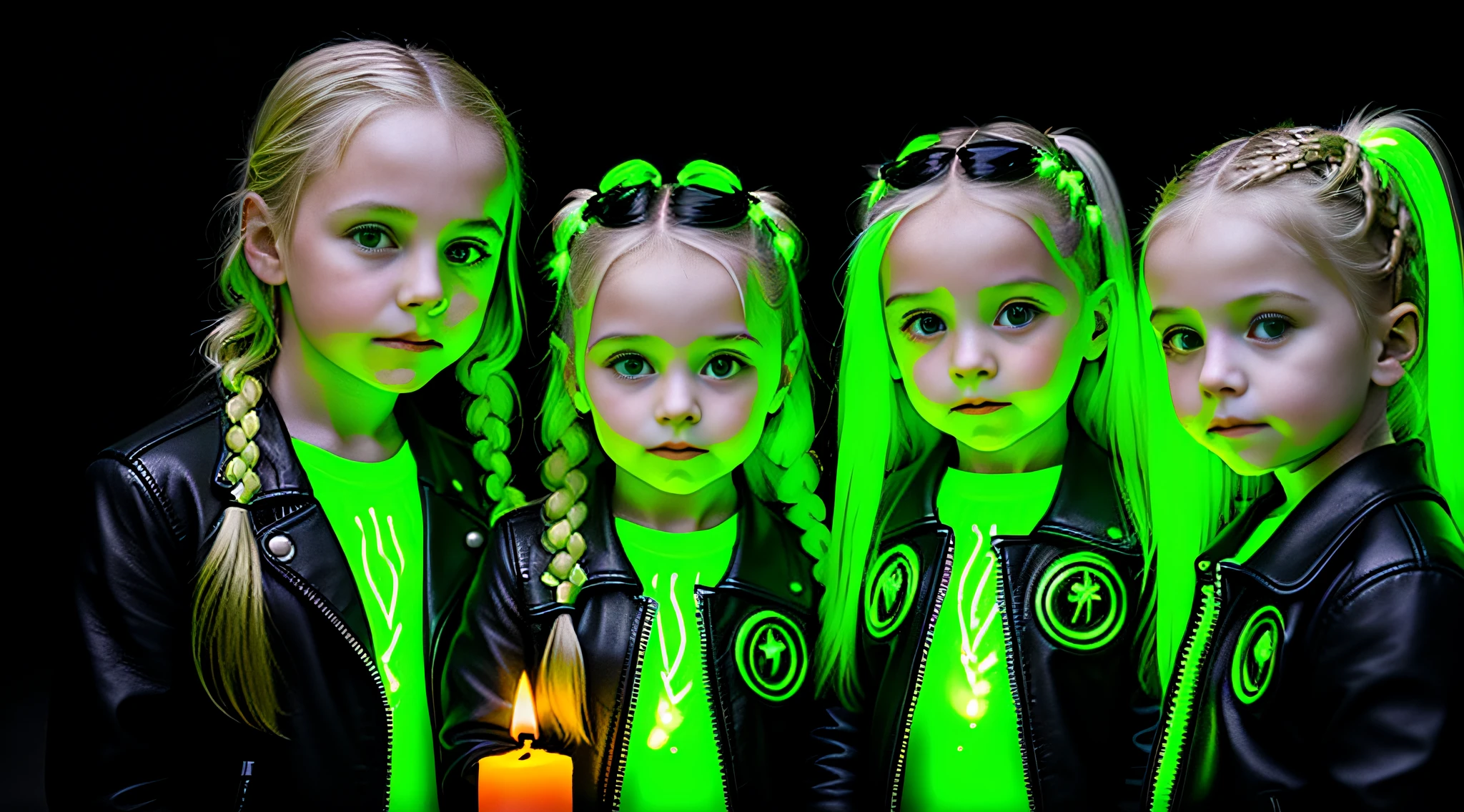 3 Russian children girls with 10 years old, WITH LONG STRAIGHT HAIR with blonde braids, many candles with fire. black leather jacket and black clothes,, PORTRAT STYLE, a green glow, detalized background of green glow, green glow, green ambient light, bright green, radioactive glow green, neon green, sickly green colors.